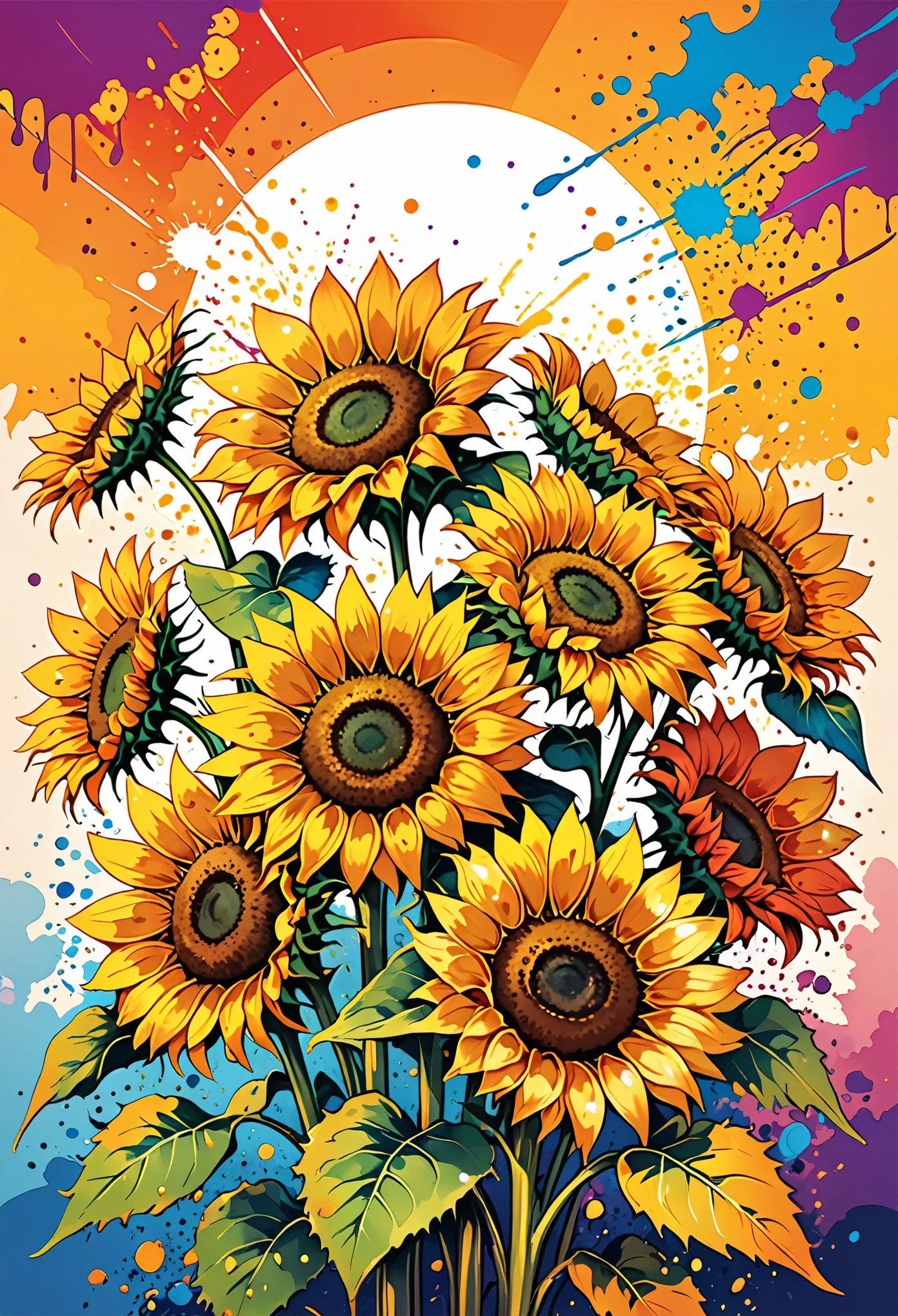 Vector Art, Colorful illustration with lots of sunflowers, In the center, Vibrant colors, Paint splatters and stains, High Detail, Sunset background