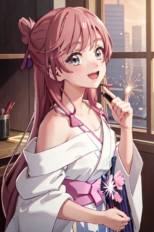 masterpiece, best quality, ultra detailed, highres, extremely detailed CG unity 8k wallpaper, perfect lighting,  very detailed background, beautiful and aesthetic,sharp focus, perfect face, dynamic pose, dynamic angle,
1girl, upper body, (portrait:1.1), multicolored yukata, looking at viewer,  full-face blush, from side, from below, smile,Open your mouth、Pink Lips、
night, dark sky, skyscraper, Penthouse in Tower Mansion、Window、,
、(Shoulder Bare:1.2)、(Off the shoulder:1.4)、(Holding a handheld firework:1.2)、(flat chest:1.2)、