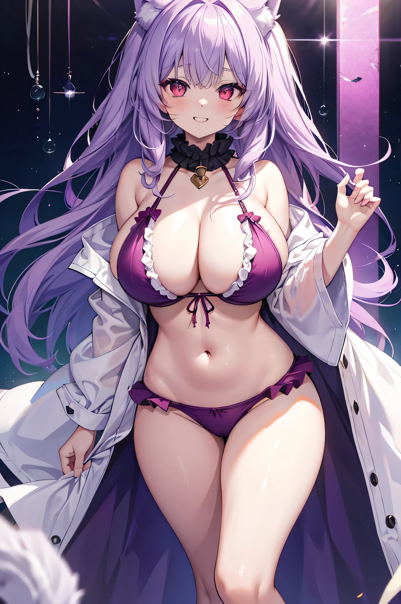 Wolf Girl, Large , Voluminous light purple hair, masterpiece , Red eyes, hd, Thick thighs, Head to Chest, buried in my chest、Double teeth、tooth、Chubby、Grinning、Frilled bikini、Big Tit