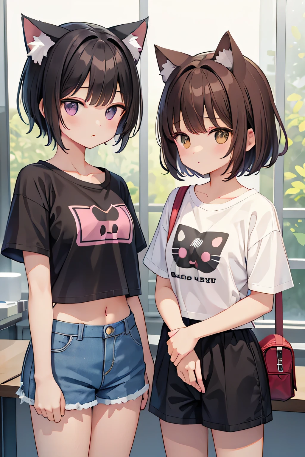 highest quality、Two Girls、Cat ears and short black hair、Dog ears and short brown hair、Cropped T-shirt、Shorts