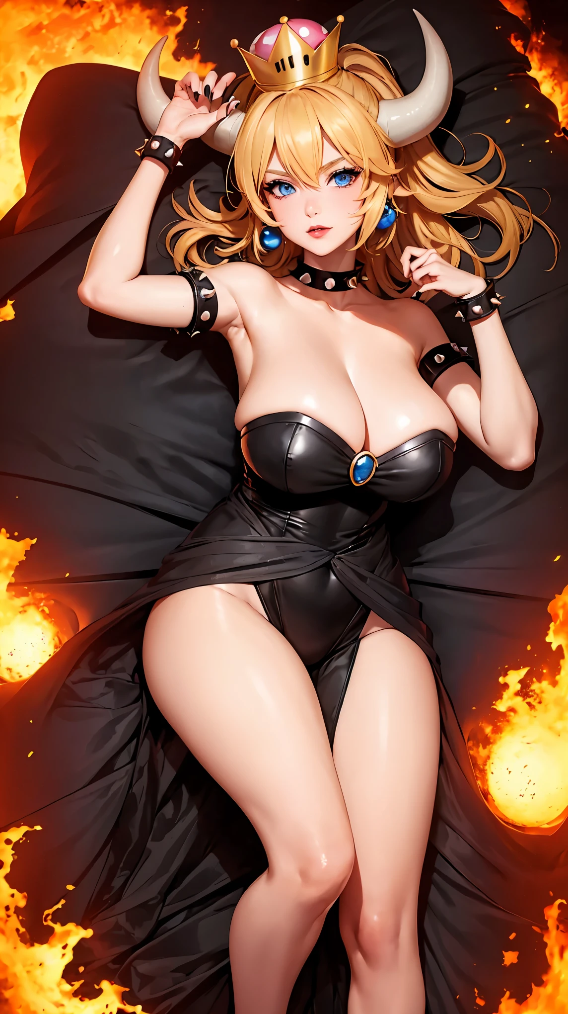 ((high detailed, best quality, 4k, masterpiece, hd:1.3)), ((best quality)), (((HD))), (((8k))), (ultraDH), (ultra HD), Princess Daisy, blue eyes, BREAK blue eyes, seductive, attractive, smooth anime cg art, 36C breasts, long legs, vivid colors, detailed digital art, slim body, perfect skin, dark blonde hair, long hair, blonde hair, blonde hair, BREAK crown, cleavage, 36C cleavage, looking at viewer, BREAK looking at viewer, extremely detailed face, red santa suit, red santa claus suit, santa claus suit, earrings, gem, dark black makeup lips, dark gothic eyeshadows, dark eyeshadows, black eyeshadows, black sexy lips, black lips, (dark:1.2), dark lips, very dark lips, (perfect hands, perfect anatomy), black makeup, black medium lips, black thick lips, detailed fingers, five fingers per hand, 5 fingers, (1 girl), detailed lips, detailed black lips, black painted lips, gothic painted lips, BREAK night, night sky, (breast focus), (arms outstreched:1.2), (from above:1.1), (breasts out:1.3), (off shoulder:1.1), (white horns), (femdom outfit), inside a lava castle, she inside a sea of lava, she bathing in lava, full body, perfect long legs, perfect foots, legs and foots into the lava, (((gigantic breasts))), (((Bowser like a busty pornstar))), (((paizuri specialist))), (((femdom girl))), (((dominatrix girl))),