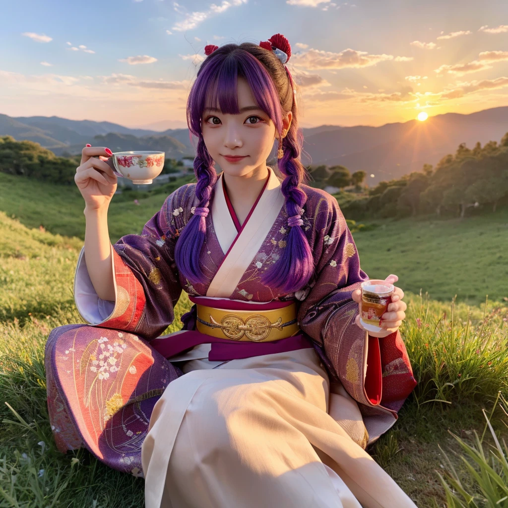 japanese girl with purple hair and redeyes wearing traditional kimono with red and gold accents sitting down drinking tea facing the sunset on top of a mountain, best quality, ultra realistic, perfect body, beautiful face, accurate details