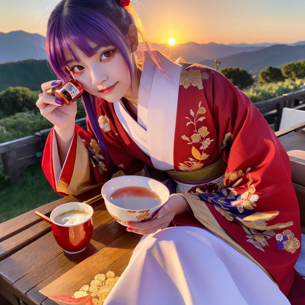 japanese girl with purple hair and redeyes wearing traditional kimono with red and gold accents sitting down drinking tea facing the sunset on top of a mountain, best quality, ultra realistic, perfect body, beautiful face, accurate details