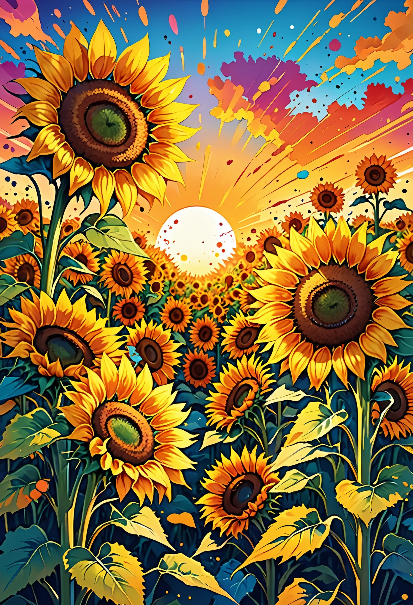 Vector Art, Colorful illustration with lots of sunflowers, In the center, Vibrant colors, Paint splatters and stains, High Detail, Sunset background