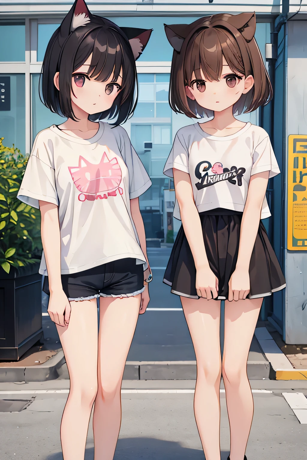 highest quality、Two Girls、Cat ears and short black hair、Dog ears and short brown hair、Cropped T-shirt、Shorts