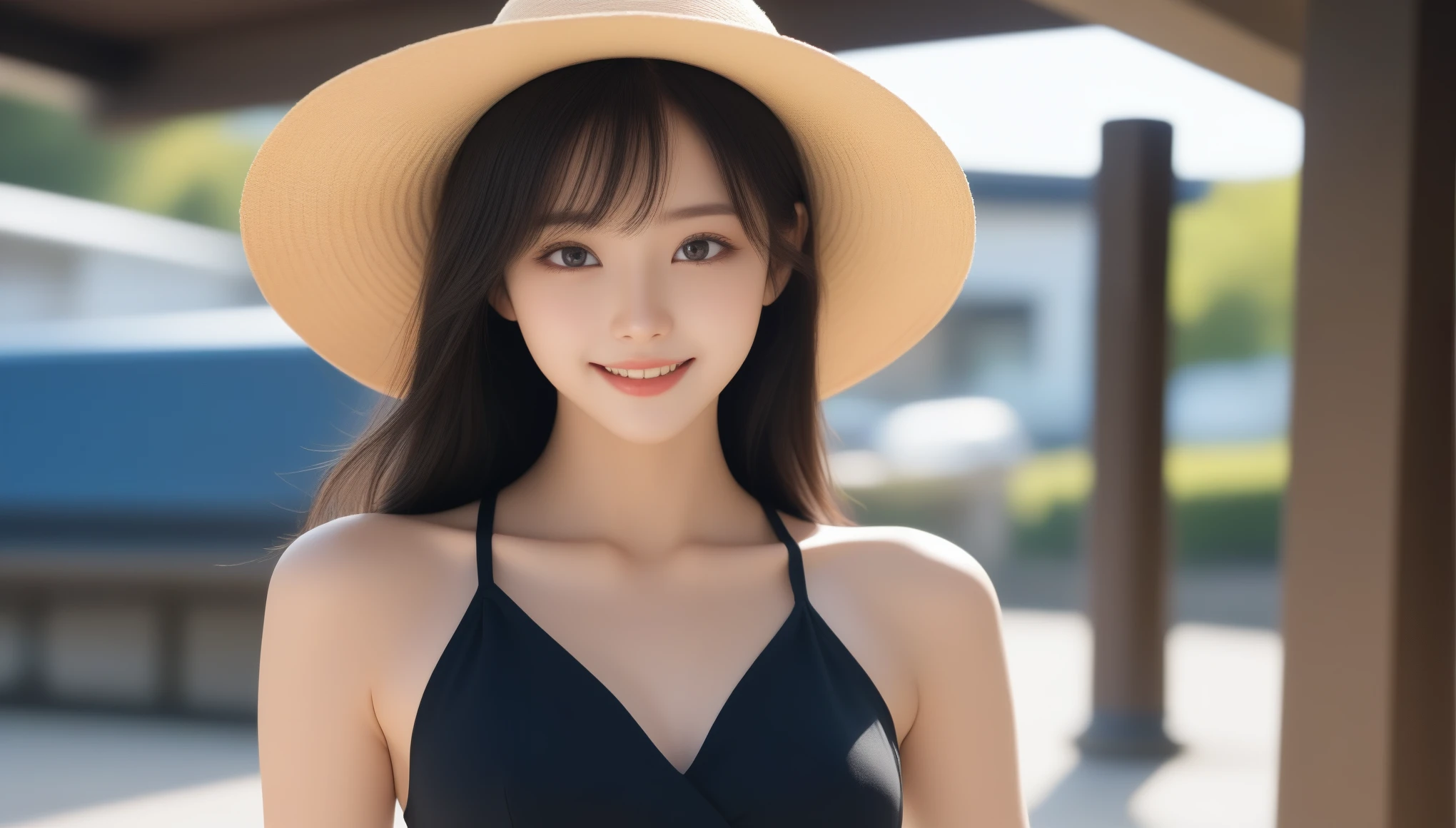 8K, 超High resolution, highest quality, masterpiece, Surreal, photograph, 1 girl, (:1.3), pretty girl, Cute face, Beautiful eyes in every detail,masterpiece, yukinoyukinoshita, Yukino yukinoshita, Black Hair, blue eyes, Long Hair,smile, Small breasts,happy smile, smile, Open your mouth,Straw hat,
, sleeveless black dress,Black long skirt,Cute Sandals,walking,Real Summer,Daytime,sunny,whole bodyがイラストの中に入っていくように,evening,sunset,The sun goes down,
break outdoors ,Coastal Road break looking at viewer, whole body,
break (masterpiece:1.2), highest quality, High resolution, unity 8k wallpaper, (shape:0.8), (Beautiful and beautiful eyes:1.6), 非常にdetailedな顔, Perfect lighting, Extremely detailed CG, (Perfect hands, Perfect Anatomy),(Spread your thighs))、Sexy pose、See through 、Look at the audience、beauty,Long neck、Smile a little、Please close your mouth and laugh、(((Ideal body proportions))),A cup small breasts :2,、Portraiture:2、Perfect Anatomy、Vivid details、detailed、Surreal、Light and shadow,Strong light,Fashion magazine cover,Thin lips