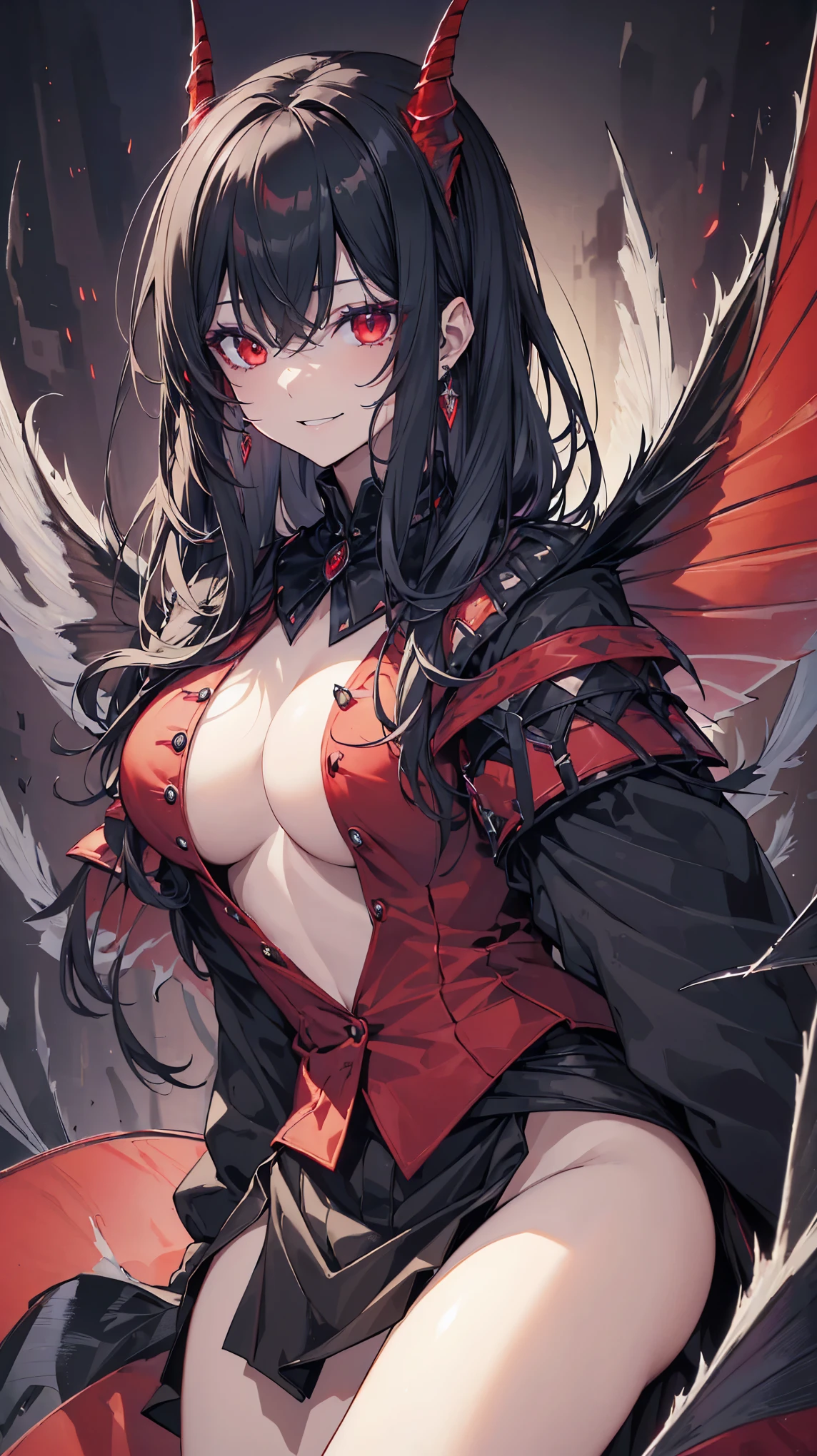 (best quality,very detailed,mackerel:1.2), 1 person,black hair,dark red eyes (darkred eyes:1.1),dark aura(aura:1.1),(occult,haunting:1.1) atmosphere,Looks like half devil,(demonic traits,demonic traits),(elaborate,fancy) earring,(dark,royal:1.1),devil horns, black devil wings, slutty, big bust, naked, evil, race, Smiling