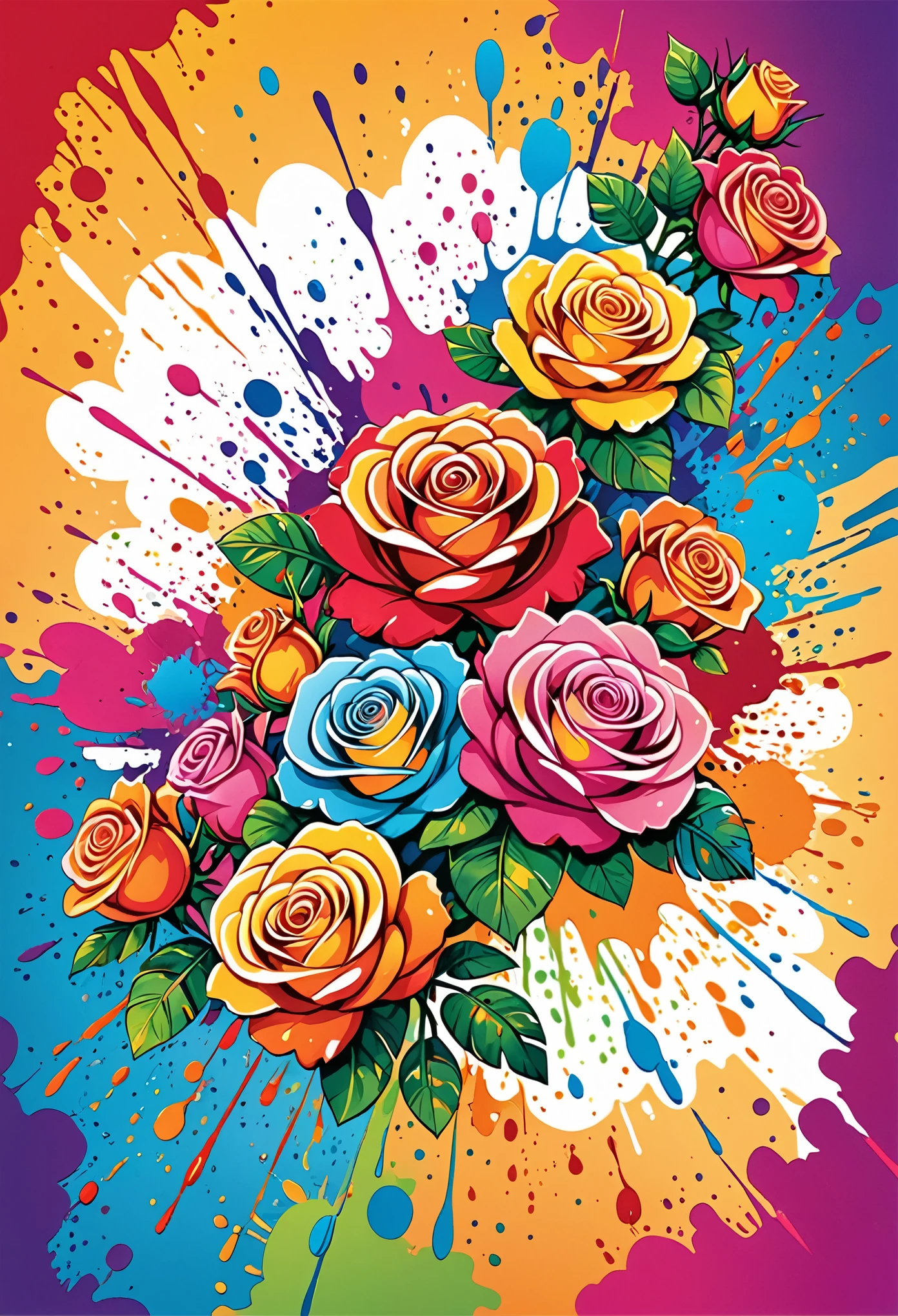 Vector Art, Colorful illustration with lots of roses, In the center, Vibrant colors, Paint splatters and stains, High Detail, Hawaiian style background
