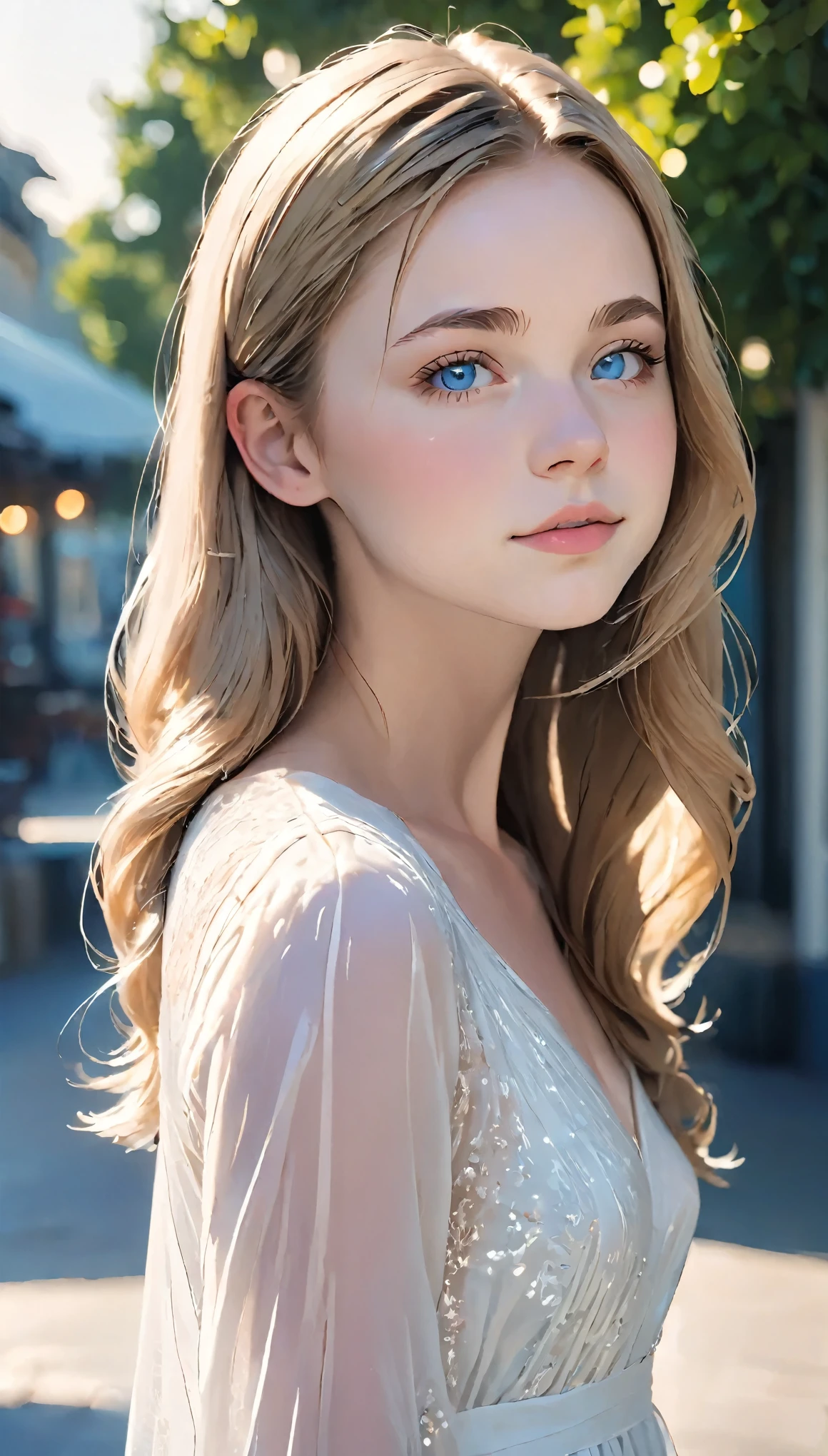 Gorgeous Girl, beautiful, Baby Face, 20-year-old, White skin, other than that, Sexy pose, White Loose Halfway Dress, blue eyes, muscle, Bokeh, Modern place background, masterpiece, Full Body Shot