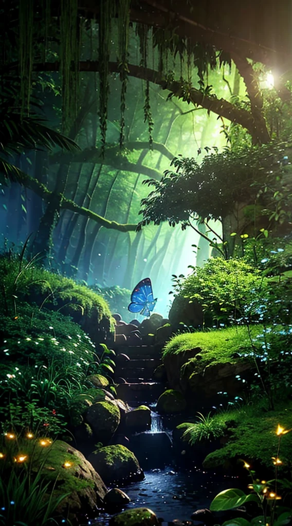 A masterpiece, the best quality, stunning reflections, the best reflections ever. (very detailed CG unity 8k wallpapers), (best quality), (best illustrations), (best shadows), forest theme with natural elements. Tall trees, quiet streams, small glowing mushrooms surrounded by delicate leaves and branches, with fireflies and glowing particle effects,, (natural elements), (jungle theme), (leaves), (twigs), (fireflies), butterflies, (delicate leaves), (glow), (particle effects). , Isometric 3D, Octane Rendering, Ray Traced, Super Detailed