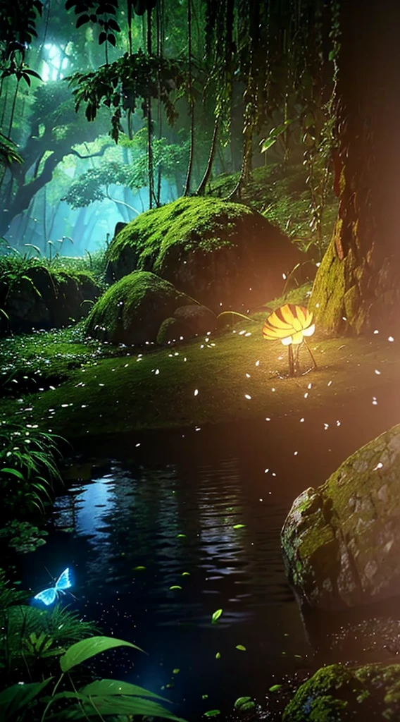 A masterpiece, the best quality, stunning reflections, the best reflections ever. (very detailed CG unity 8k wallpapers), (best quality), (best illustrations), (best shadows), forest theme with natural elements. Tall trees, quiet streams, small glowing mushrooms surrounded by delicate leaves and branches, with fireflies and glowing particle effects,, (natural elements), (jungle theme), (leaves), (twigs), (fireflies), butterflies, (delicate leaves), (glow), (particle effects). , Isometric 3D, Octane Rendering, Ray Traced, Super Detailed