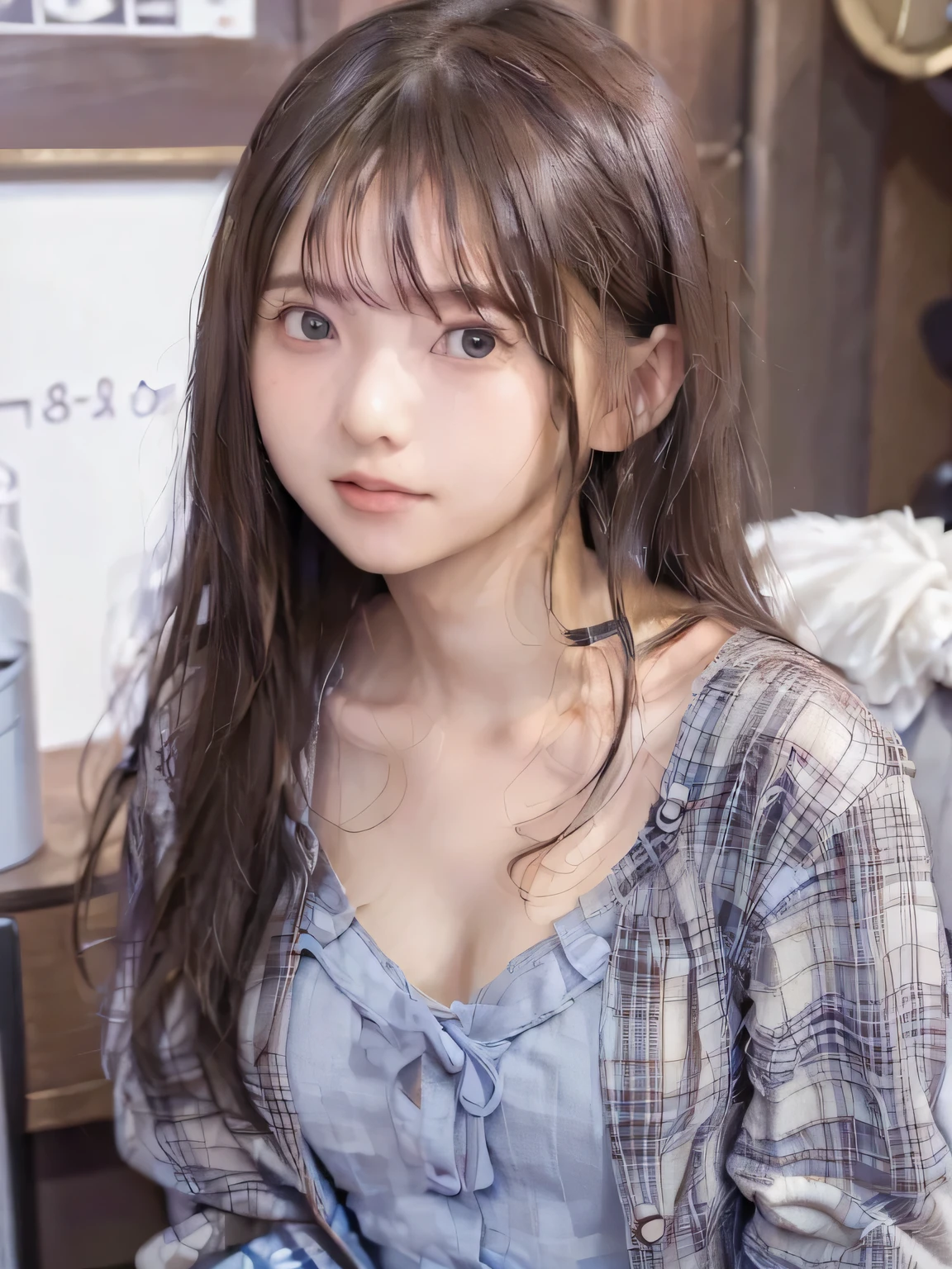 (masterpiece, highest quality:1.2), 8k, Young and beautiful girl, 85mm,Official AR RAW Photos, Baby Face, photo shoot, full-body shot, Cute face, Looking at the audience, Embarrassing, smile, No makeup, chromatic aberration, thin figure, slender, ((((bust size cup A)))), mini size breast, Sharp focus, Detailed face, ((((((under 18 year old)))))), small breasts, White shirt, blue plaid short mini dress, The shirt button opens, pink bra, pink panties, shows underwear.