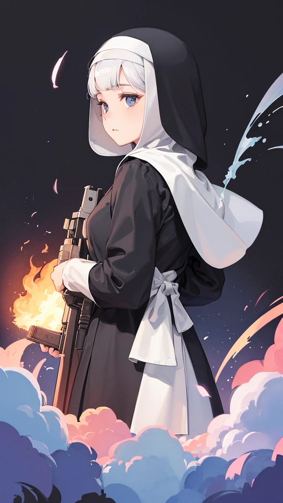 High definition watercolor painting、((Nun girl firing a gun at the camera))、front view、looking at the camera