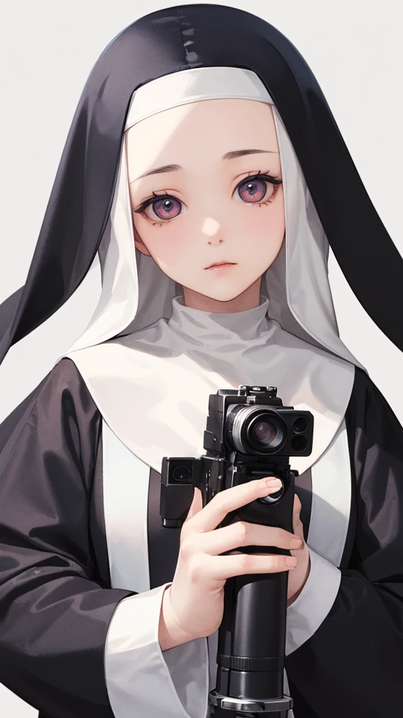 High definition watercolor painting、((Nun girl firing a gun at the camera))、front view、looking at the camera