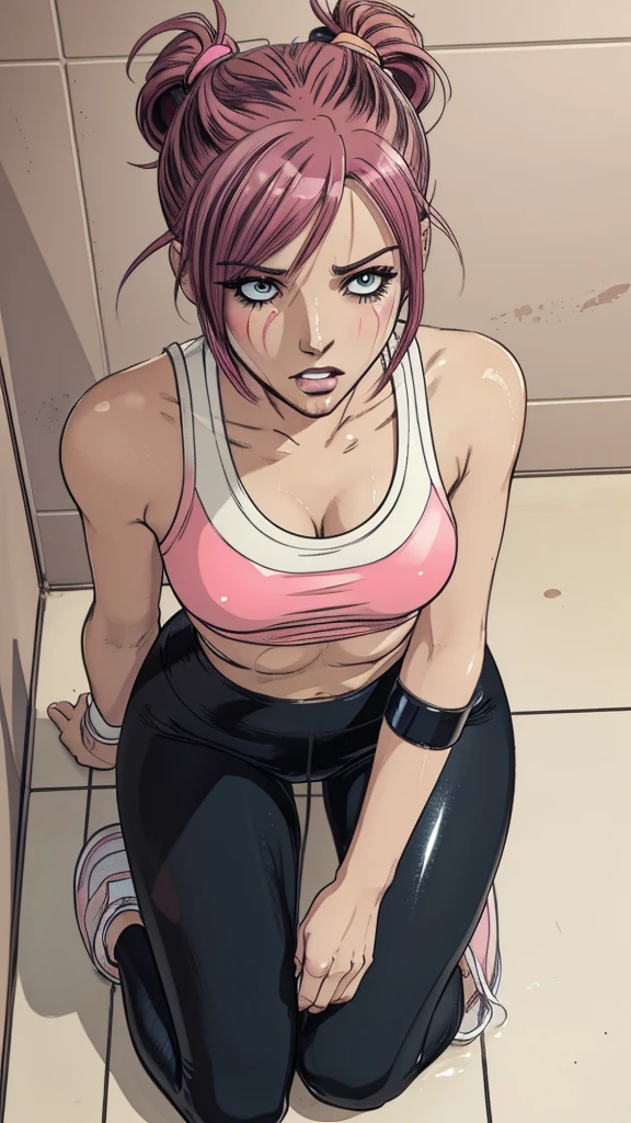 vector image:1.2, 2d cartoon,masterpiece, An anime woman, blush,colored hair, bold makeup, wetlook sporty leggings, sporty top, horny blowjob pose:1.1, gloomy orgasm, horny, sneakers, in restroom, from above