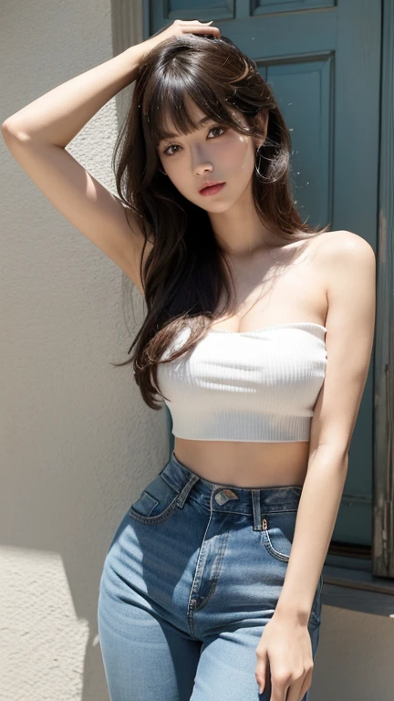 Busty women，One Girl，From below，Blunt bangs，Thighs，Waist-length hair，Wavy long hair，Distressed jeans，Tube top，Looking at the camera，The arms are a little long，Wink at me，