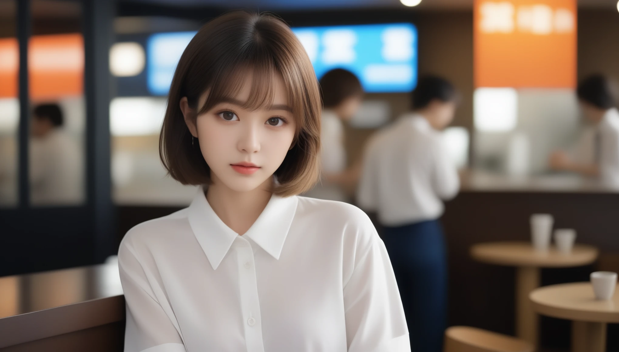 8K, 超High resolution, highest quality, masterpiece, Surreal, photograph,Three-part method, girl1名, (16 years old:1.3), かわいいgirl, Cute face, Beautiful eyes in every detail,Product quality, Upper Body Shot, Front view, Airport Cafe, girl, Young and beautiful Japan woman, Short Bob Hair, 超Cute face, glamorous, I wear a satin silk white shirt with short sleeves and long sleeves with a collar, Airport Cafeで笑顔いっぱい, Glossy Lips, Double eyelids on both eyes, Natural Makeup, Long eyelashes, Shiny and smooth light brown hair, Asymmetrical bangs, Sunburned skin, Center image, High resolution, Attention to detail, detailedな髪型, detailedな顔, Cinema Lighting, Surreal, Perfect body,,、((Thin legs))、Bold Pose,super cute super model、Please look closely at the camera 、Vivid details、detailed、Surreal、Light and shadow,Strong light,Fashion magazine cover,Thin lips