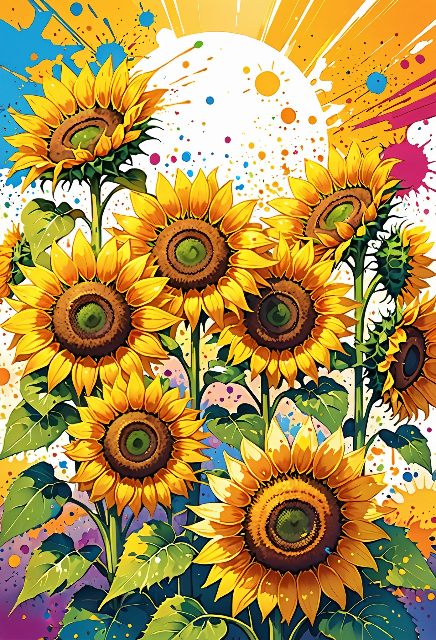 Vector Art, Colorful illustration with lots of sunflowers, In the center, Vibrant colors, Paint splatters and stains, High Detail, Sunny background
