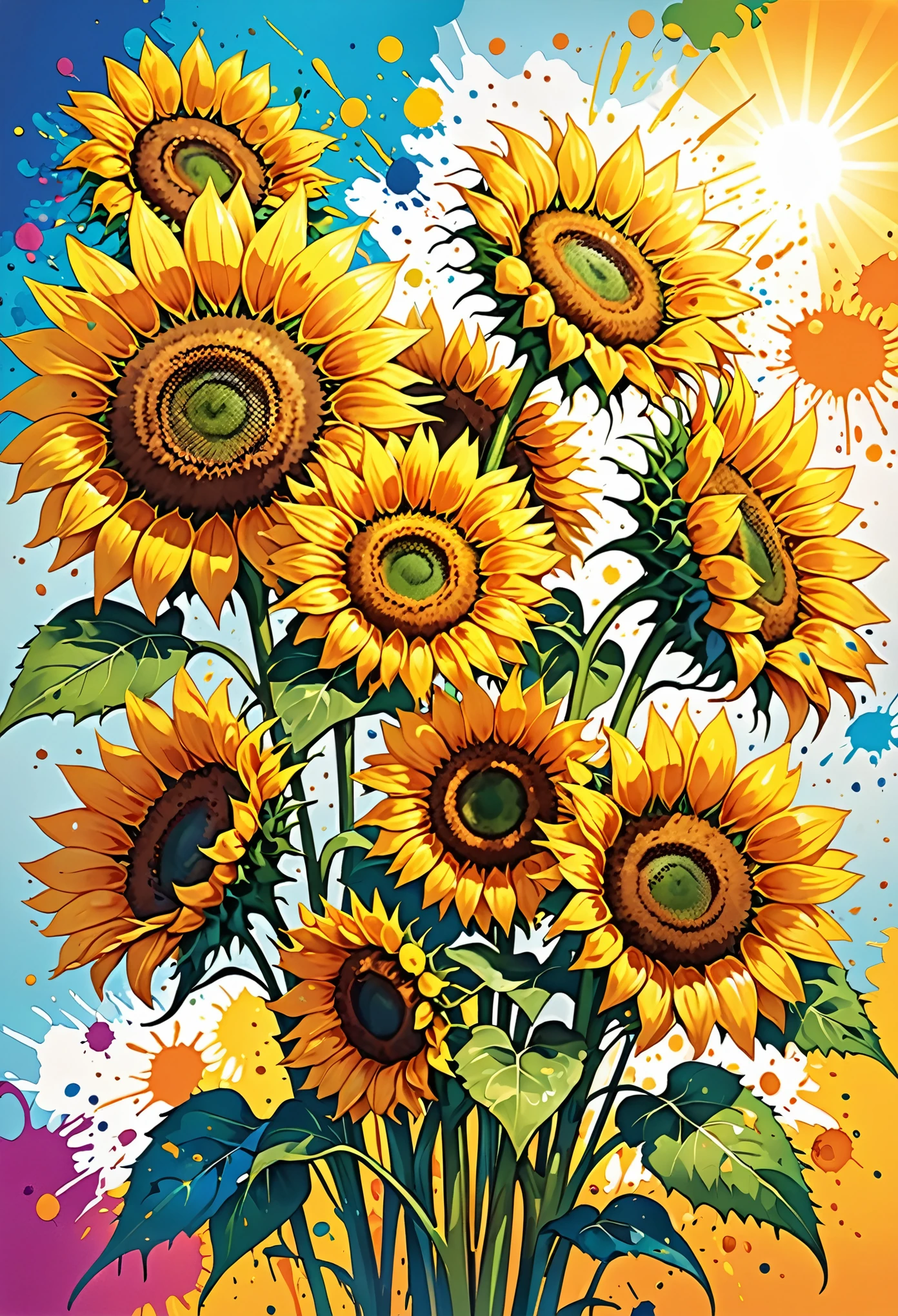 Vector Art, Colorful illustration with lots of sunflowers, In the center, Vibrant colors, Paint splatters and stains, High Detail, Sunny background

