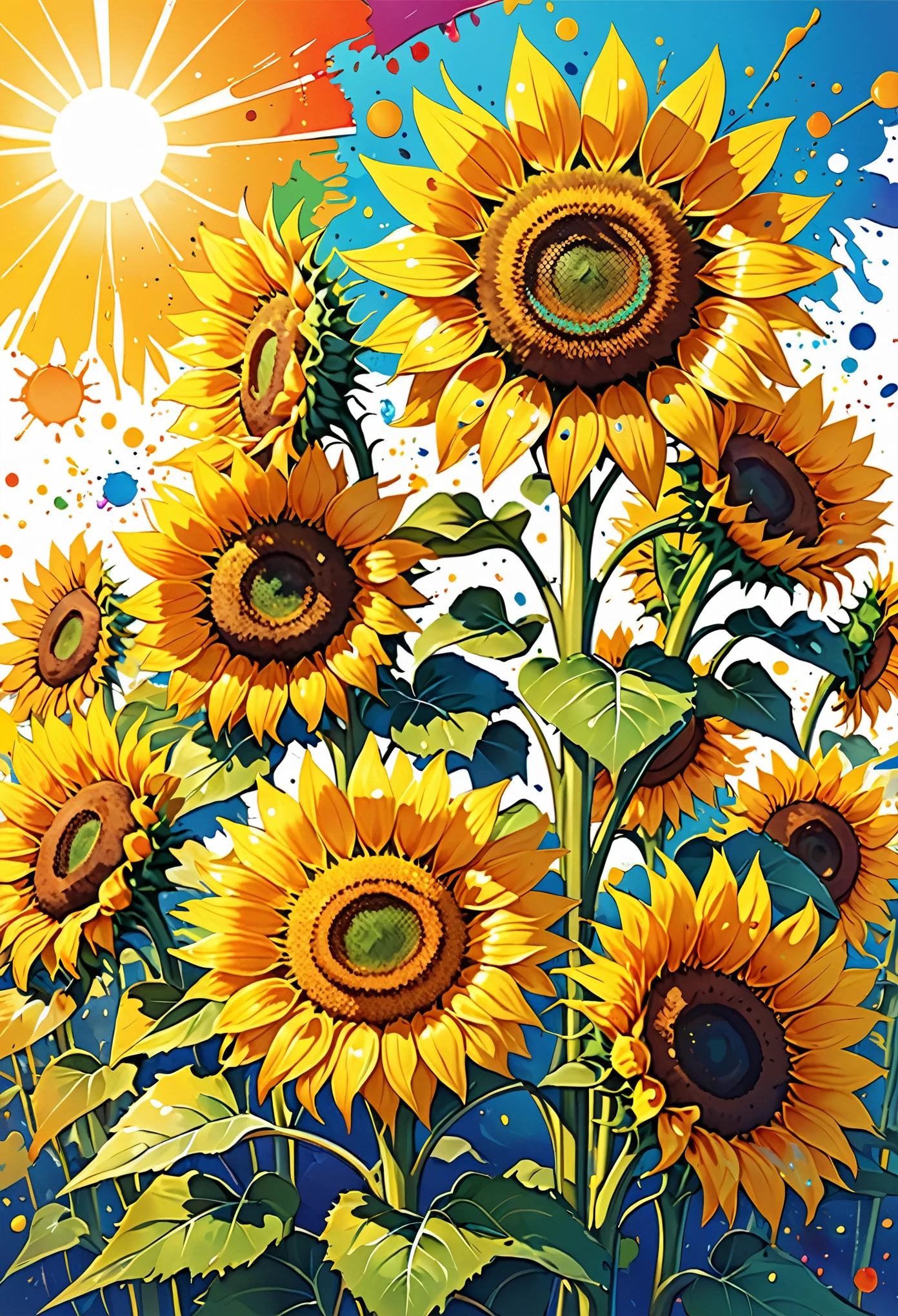 Vector Art, Colorful illustration with lots of sunflowers, In the center, Vibrant colors, Paint splatters and stains, High Detail, Sunny background
