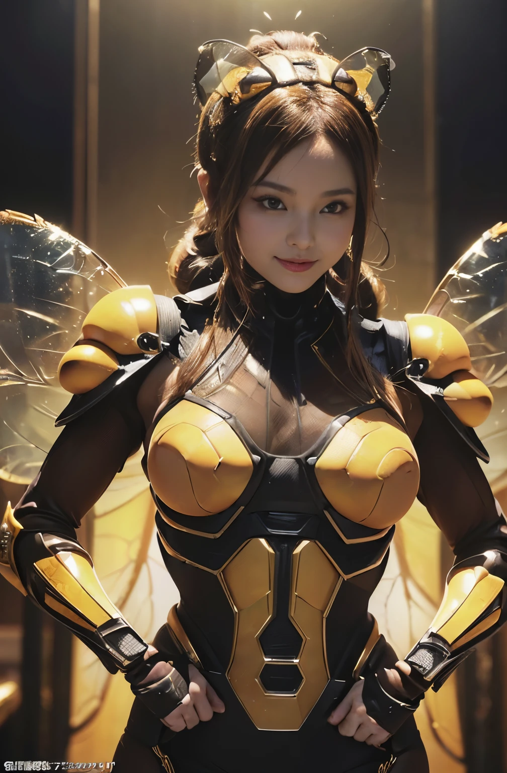 (high resolution,masterpiece,best quality,extremely detailed CG, anime, official art:1.4), realistic, photo, amazing fine details, all intricate, gloss and shiny,awesome many layers, 8k wall paper, 3d, sketch, kawaii, illustration,( solo:1.4), perfect female proportion,villainess, (fusion of queen bee and lady:1.4), (queen bee form lady:1.2), (queen bee lady:1.2), (fusion:1.2), (solo:1.4), (evil smile:1.2), muscular, abs, (queen bee exoskeleton bio insect suit:1.4), (queen bee exoskeleton bio insect armor:1.2), (brown transparency queen bee wing:1.4), (brown queen bee antennae:1.3),