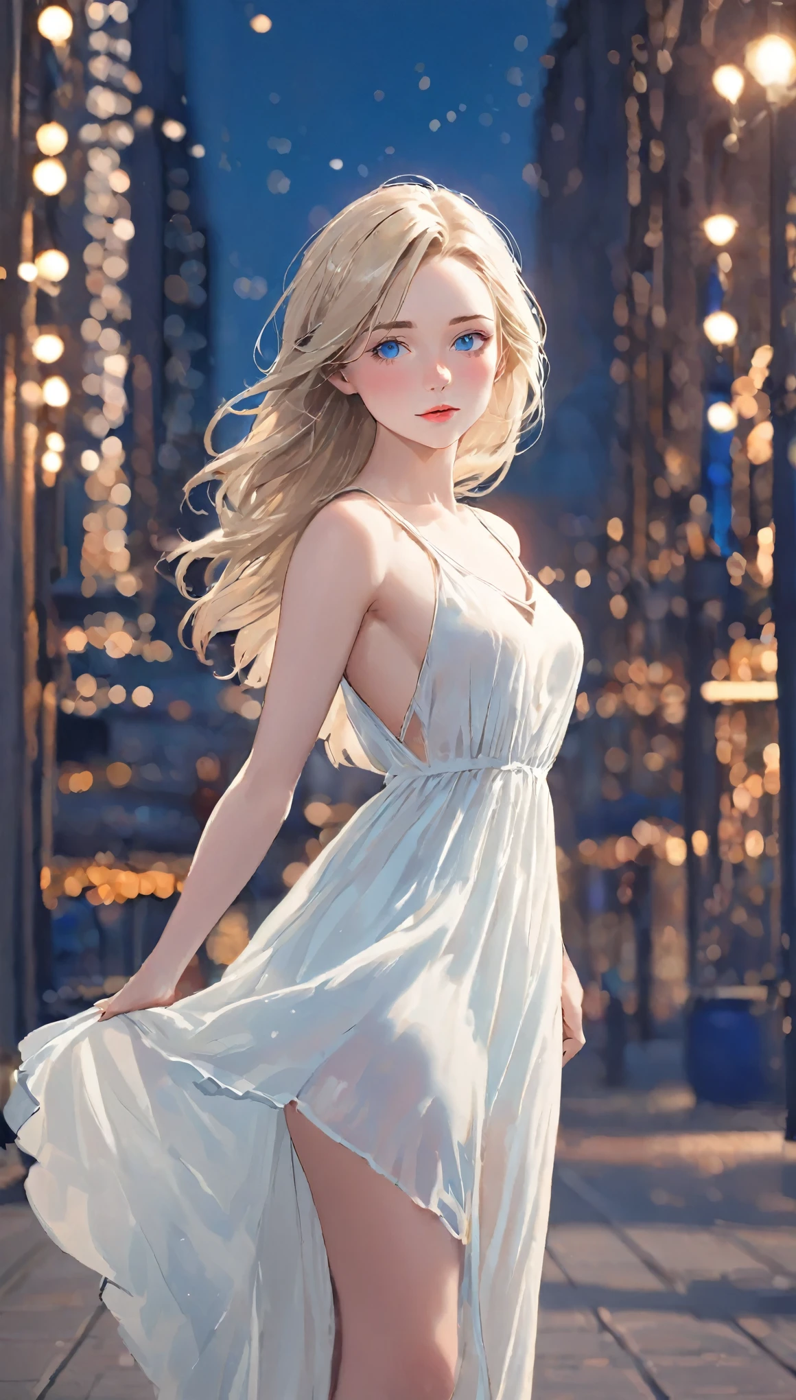 Gorgeous Girl, beautiful, Baby Face, 20-year-old, White skin, other than that, Sexy pose, White Loose Halfway Dress, blue eyes, muscle, Bokeh, Modern place background, masterpiece, Full Body Shot