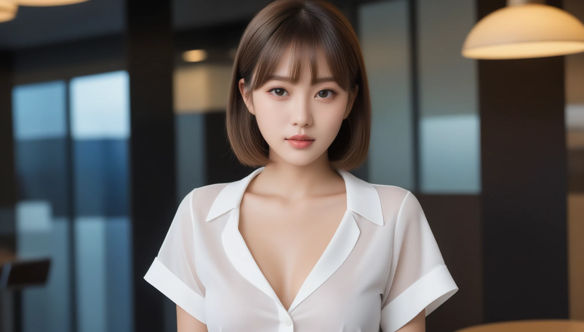 8K, 超High resolution, highest quality, masterpiece, Surreal, photograph,Three-part method, girl1名, (:1.3), かわいいgirl, Cute face, Beautiful eyes in every detail,Product quality, Upper Body Shot, Front view, Airport Cafe, girl, Young and beautiful Japan woman, Short Bob Hair, 超Cute face, glamorous, I wear a satin silk white shirt with short sleeves and long sleeves with a collar, Airport Cafeで笑顔いっぱい, Glossy Lips, Double eyelids on both eyes, Natural Makeup, Long eyelashes, Shiny and smooth light brown hair, Asymmetrical bangs, Sunburned skin, Center image, High resolution, Attention to detail, detailedな髪型, detailedな顔, Cinema Lighting, Surreal, Perfect body,,、((Thin legs))、Bold Pose,super cute super model、Please look closely at the camera 、Vivid details、detailed、Surreal、Light and shadow,Strong light,Fashion magazine cover,Thin lips
