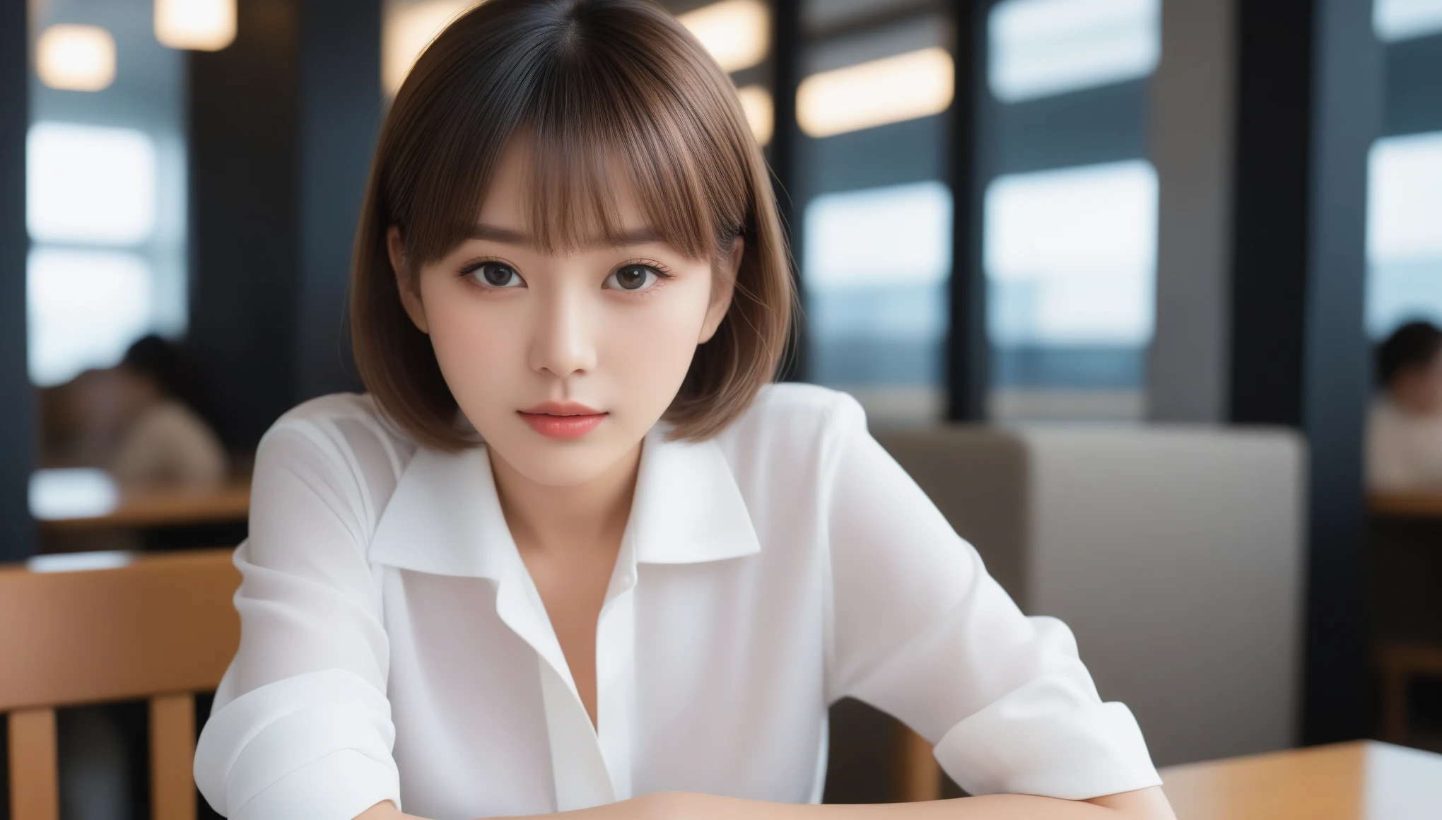 8K, 超High resolution, highest quality, masterpiece, Surreal, photograph,Three-part method, girl1名, (:1.3), かわいいgirl, Cute face, Beautiful eyes in every detail,Product quality, Upper Body Shot, Front view, Airport Cafe, girl, Young and beautiful Japan woman, Short Bob Hair, 超Cute face, glamorous, I wear a satin silk white shirt with short sleeves and long sleeves with a collar, Airport Cafeで笑顔いっぱい, Glossy Lips, Double eyelids on both eyes, Natural Makeup, Long eyelashes, Shiny and smooth light brown hair, Asymmetrical bangs, Sunburned skin, Center image, High resolution, Attention to detail, detailedな髪型, detailedな顔, Cinema Lighting, Surreal, Perfect body,,、((Thin legs))、Bold Pose,super cute super model、Please look closely at the camera 、Vivid details、detailed、Surreal、Light and shadow,Strong light,Fashion magazine cover,Thin lips