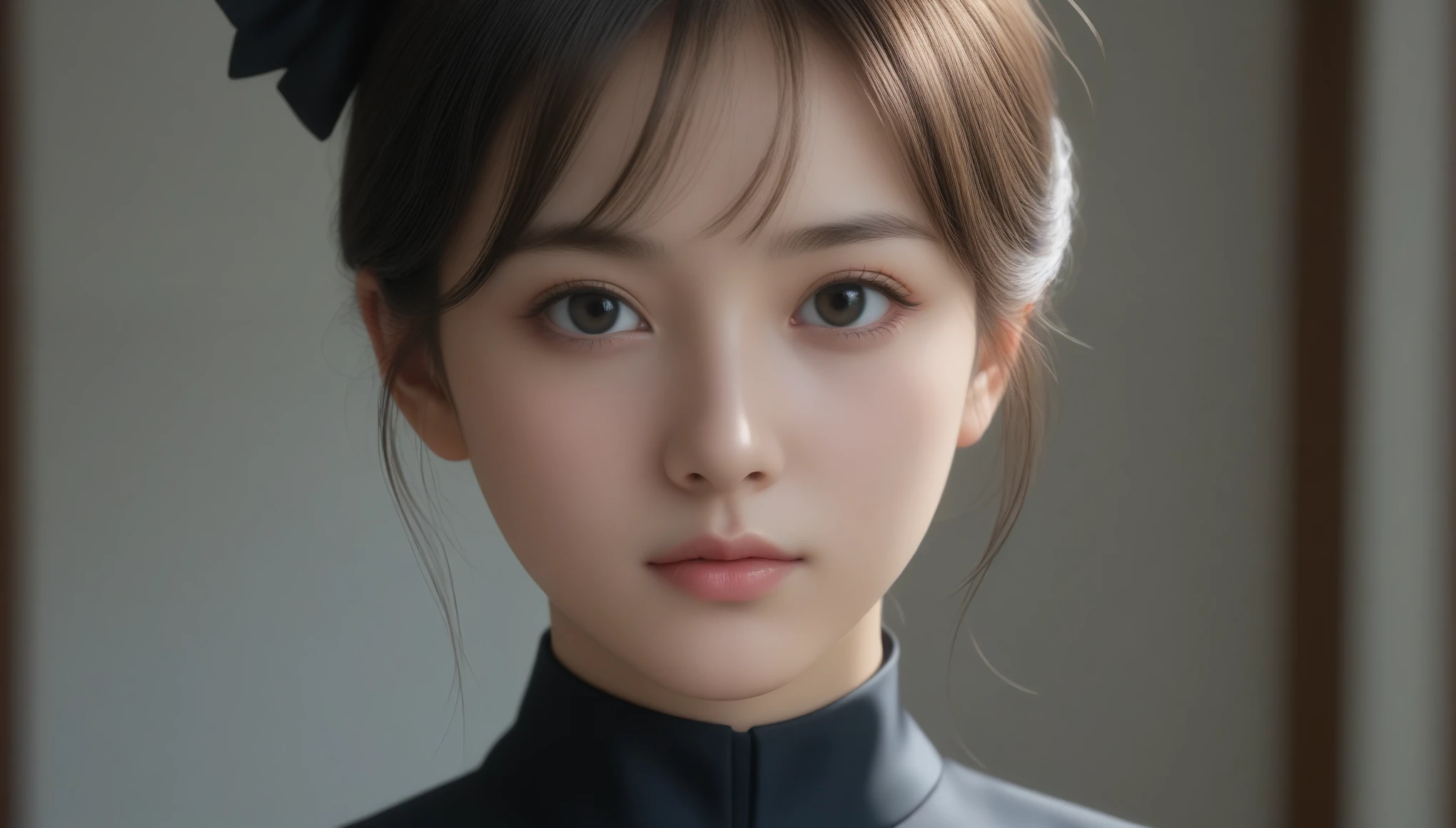 8K, 超High resolution, highest quality, masterpiece, Surreal, photograph, 1 girl, (:1.3), cute女の子, cuteface, Beautiful eyes in every detail, black silk dress、intellectual,(Gaziantep:1.5), close, masterpiece, highest quality, 生photograph, Realistic, face, Unbelievably absurd, beautiful girl, cute, Bun Hair, Depth of written boundary, High resolution, 超detailed, finely, 非常にdetailedな, 非常にdetailedな eyes and face, Sharp pupils, Realistic students, Sharp focus, Cinematic lighting、Depth of written boundary、Vivid details、detailed、Surreal、Light and shadow,Strong light,Fashion magazine cover,Thin lips