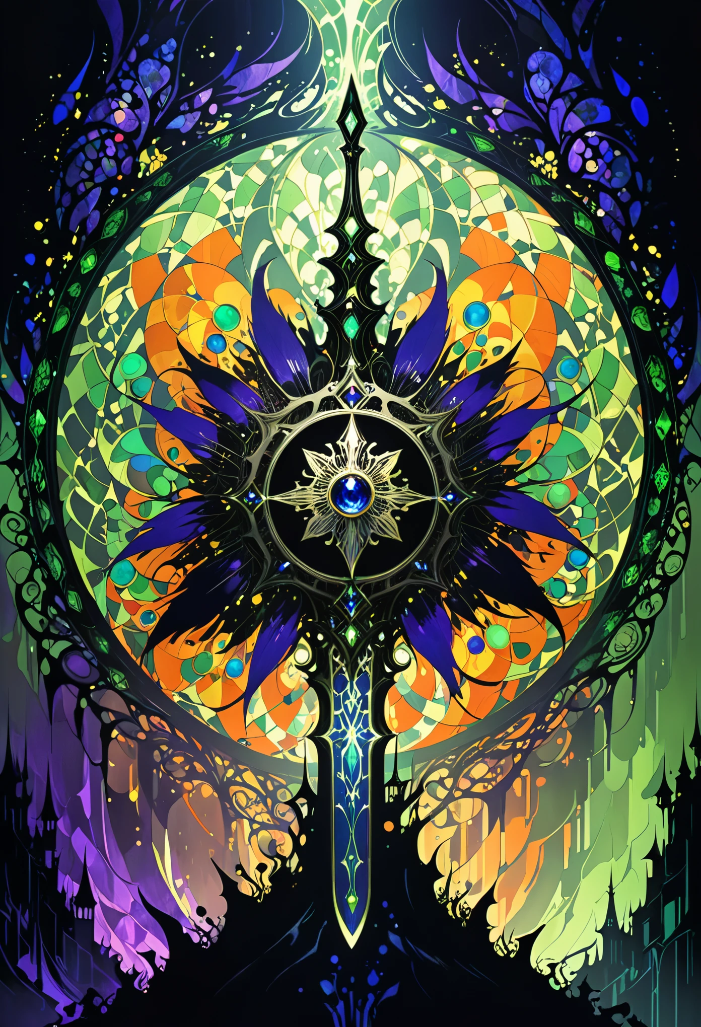 in style of Harry Clarke,(Mysterious Landscape),[suspenseful],Fantasy,Dark,shadowy,atmospheric,dark colors,(A miracle stone showing modern technological patterns),(demon crown:1.3),(heavy sword with a dangerous aura:1.2),(transformed by future technology:1.2),(dodgerblue,greenyellow,darkorange,mediumvioletred,color palette:1.2),(fractal art:0.9),