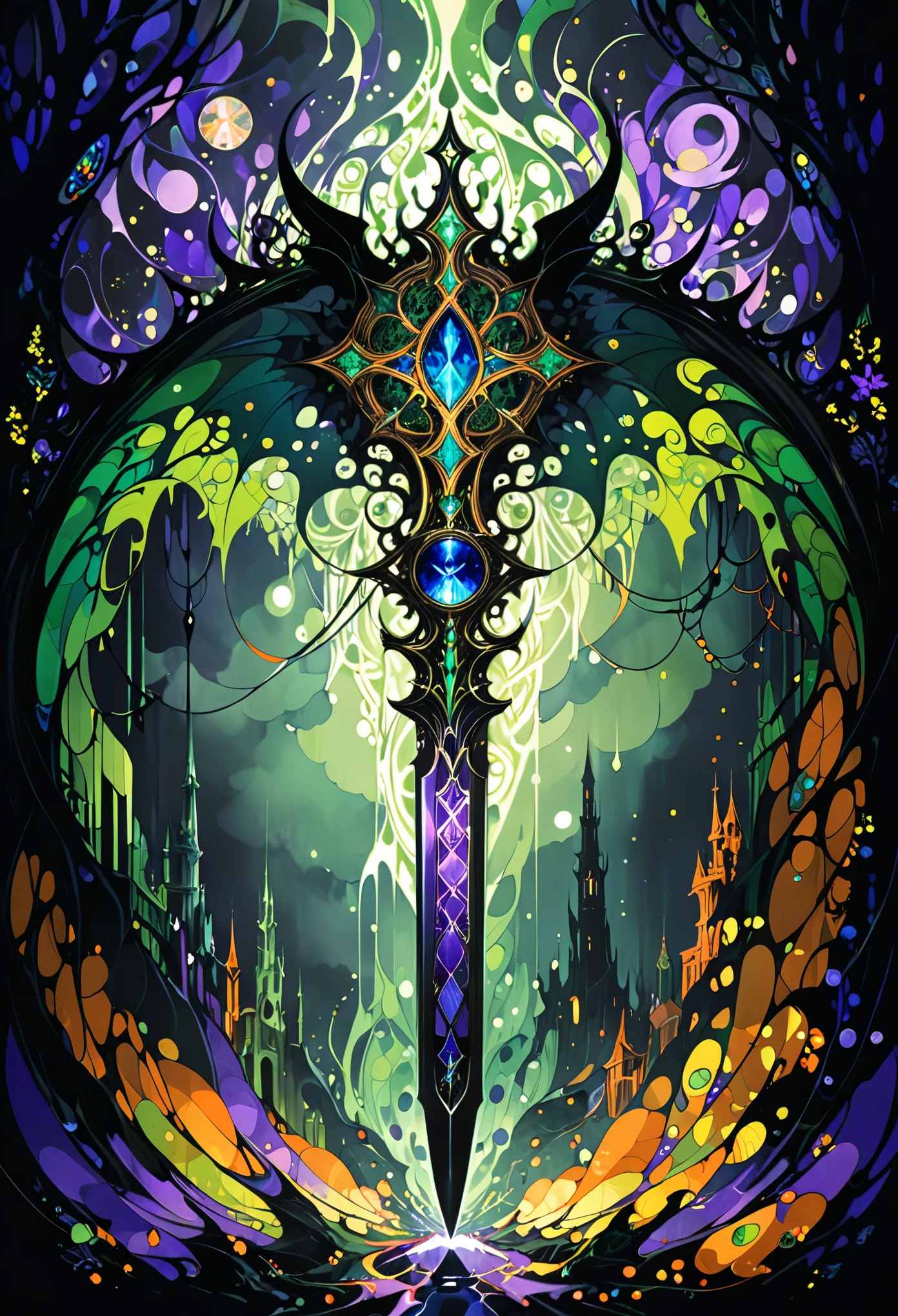 in style of Harry Clarke,(Mysterious Landscape),[suspenseful],Fantasy,Dark,shadowy,atmospheric,dark colors,(A miracle stone showing modern technological patterns),(demon crown:1.3),(heavy sword with a dangerous aura:1.2),(transformed by future technology:1.2),(dodgerblue,greenyellow,darkorange,mediumvioletred,color palette:1.2),(fractal art:0.9),