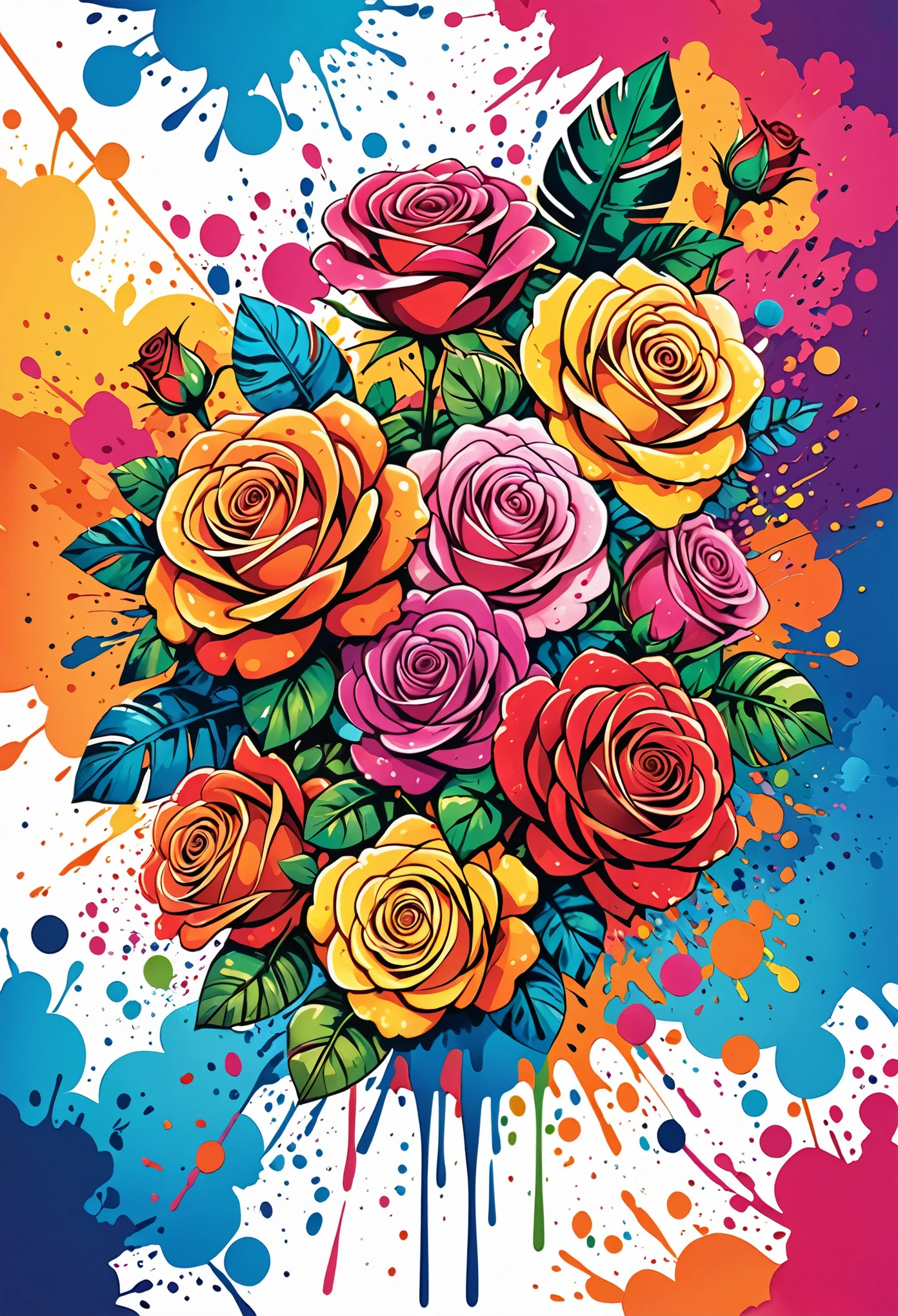 Vector Art, Colorful illustration with lots of roses, In the center, Vibrant colors, Paint splatters and stains, High Detail, Hawaiian style background