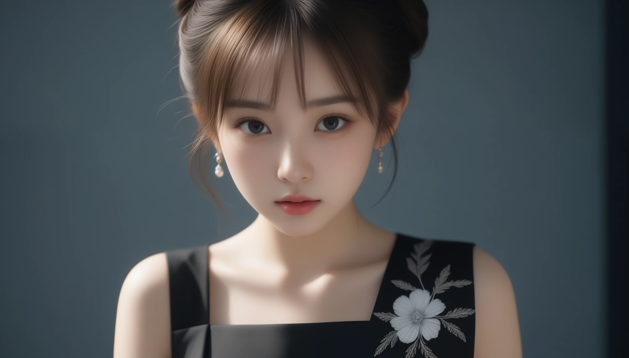 8K, 超High resolution, highest quality, masterpiece, Surreal, photograph, 1 girl, (:1.3), cute女の子, cuteface, Beautiful eyes in every detail, black silk dress、intellectual,(Gaziantep:1.5), close, masterpiece, highest quality, 生photograph, Realistic, face, Unbelievably absurd, beautiful girl, cute, Bun Hair, Depth of written boundary, High resolution, 超detailed, finely, 非常にdetailedな, 非常にdetailedな eyes and face, Sharp pupils, Realistic students, Sharp focus, Cinematic lighting、Depth of written boundary、Vivid details、detailed、Surreal、Light and shadow,Strong light,Fashion magazine cover,Thin lips