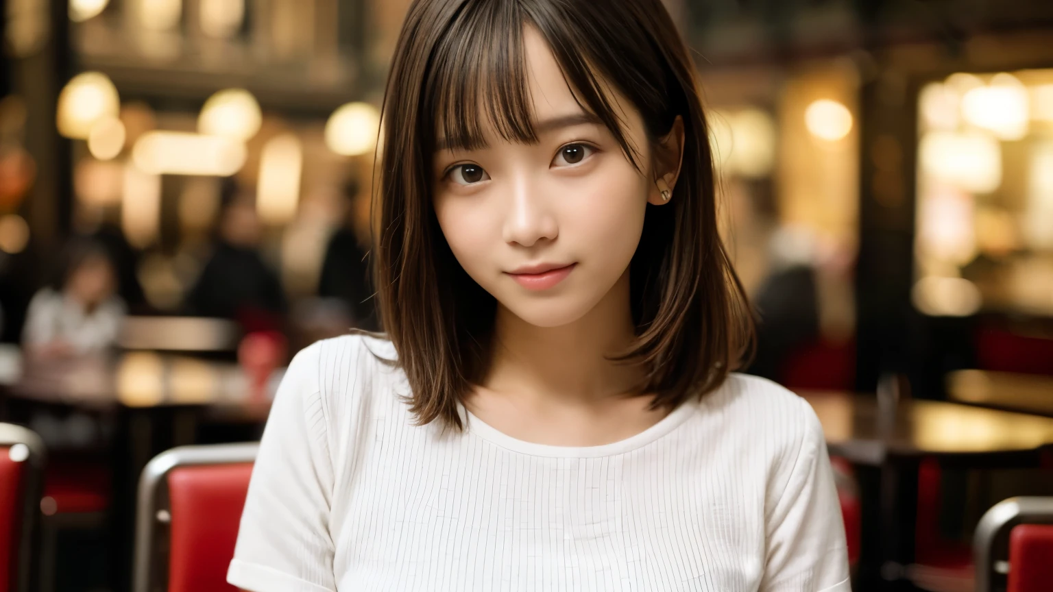 masterpiece, highest quality, 8k, Disorganized person, (Upper Body:1.4), White shirt, beautiful girl, Pretty face, Looking at the audience, smile, Ultra-realistic, High resolution, photograph, Sharp focus, High resolution, Face Light, Dynamic Lighting, Cinema Lighting, Professional Shadow, Beautiful cafe background, Best details, Very detailed, Very detailed, finely, Real Skin, Delicate facial features, Detailed face and eyes, Sharp pupils、Real students