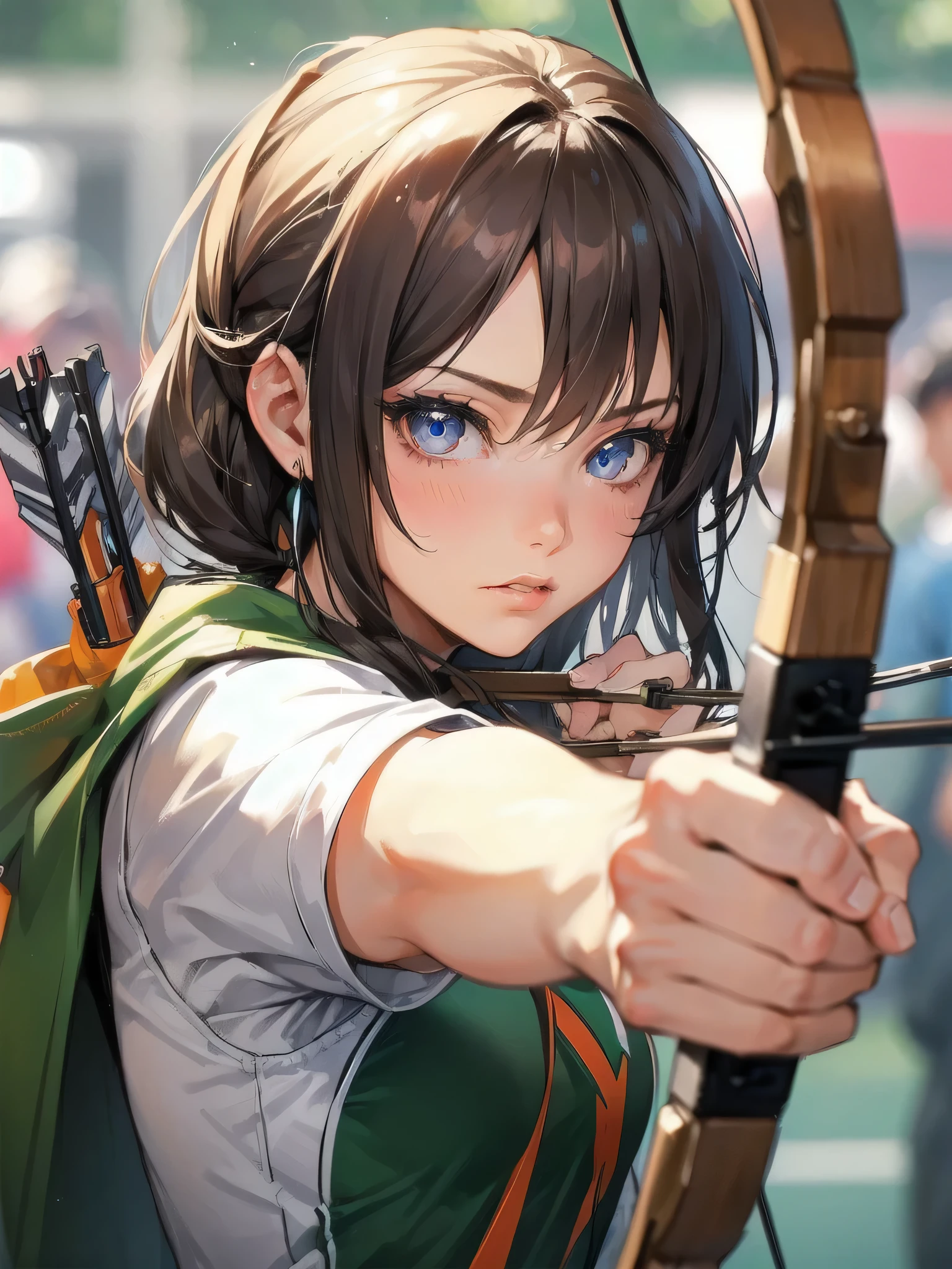 high quality,HD,16k,sharp lines,1 girl,Female archery athlete ,cute face, large breasts, nice legs,At the archery venue,focus girl,detailed beautiful face,detailed clothes,beautiful eyes,cool,dynamic angle