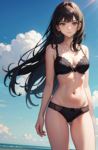 A  is wearing only underwear. She is standing upright with serious look. Non clothes, bra, panty