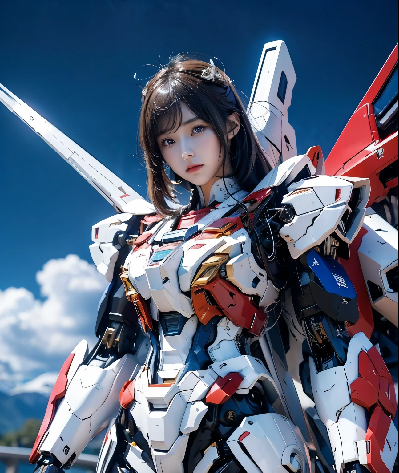 Textured skin, Super Detail, Attention to detail, high quality, 最high quality, High resolution, 1080p, hard disk, beautiful,(Gundam Girl),beautifulサイボーグ女性,Mecha Cyborg Girl,Battle Mode,Girl with a mechanical body,She wears a futuristic ガンダム mecha,