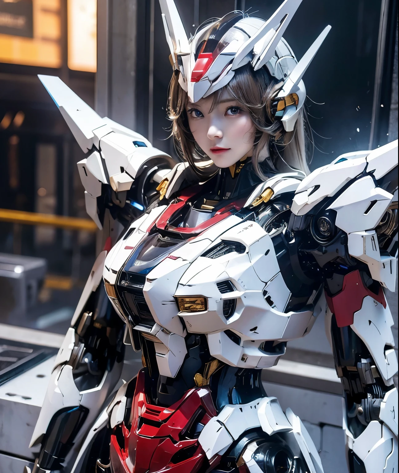 Textured skin, Super Detail, Attention to detail, high quality, 最high quality, High resolution, 1080p, hard disk, beautiful,(Gundam Girl),beautifulサイボーグ女性,Mecha Cyborg Girl,Battle Mode,Girl with a mechanical body,She wears a futuristic ガンダム mecha,