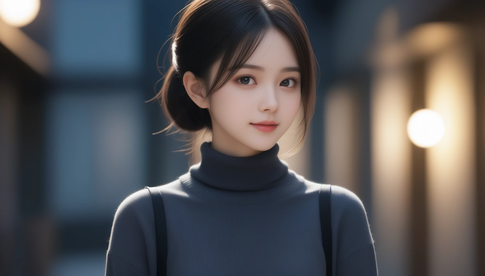 8K, 超High resolution, highest quality, masterpiece, 超Realistic, photograph, 1 girl, (16 years old:1.3), pretty girl, Cute face, Beautiful eyes in every detail,Tabletop, highest quality, One Girl,(Dark grey turtleneck sweater:1.4),(生photograph, highest quality), (Realistic, Photorealistic:1.4), Tabletop, Very delicate and beautiful, Very detailed, 8K Wallpaper, wonderful, finely, Very detailed CG Unity, High resolution, Soft Light, 美しいdetailedな 16 years oldの女の子, Very detailed目と顔, 美しくdetailedな鼻, finelyて美しい目,Cinematic lighting,City lights at night,Perfect Anatomy,Slender body,smile (Black hair twin tails)，super cute super model、Please look closely at the camera 、Vivid details、detailed、超Realistic,Light and shadow,Fashion magazine cover,Thin lips