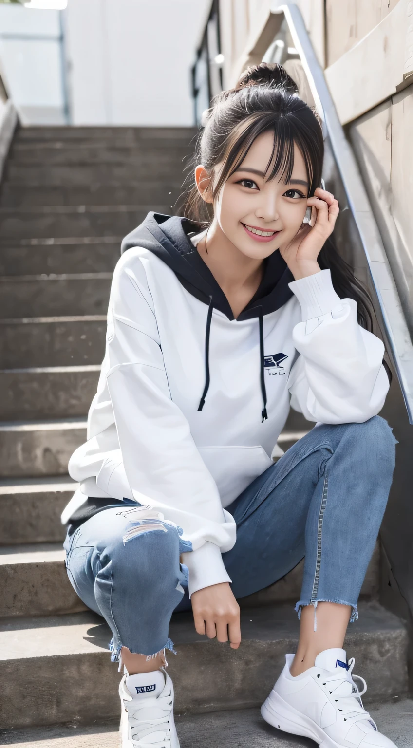 highest quality, Realistic, Very detailed, Finer details, High resolution, 8k wallpaper, One beautiful woman,Sit on the stairs、(Wear black socks)smile、(Beautiful teeth alignment、)(Gums are visible) Oversized hoodie, Skinny jeans,( Black sneakers)、Black Hair、 Beautiful Bangs、ear piercing、Perfect dynamic composition, Beautiful and detailed, Full Body Shot, A big smile