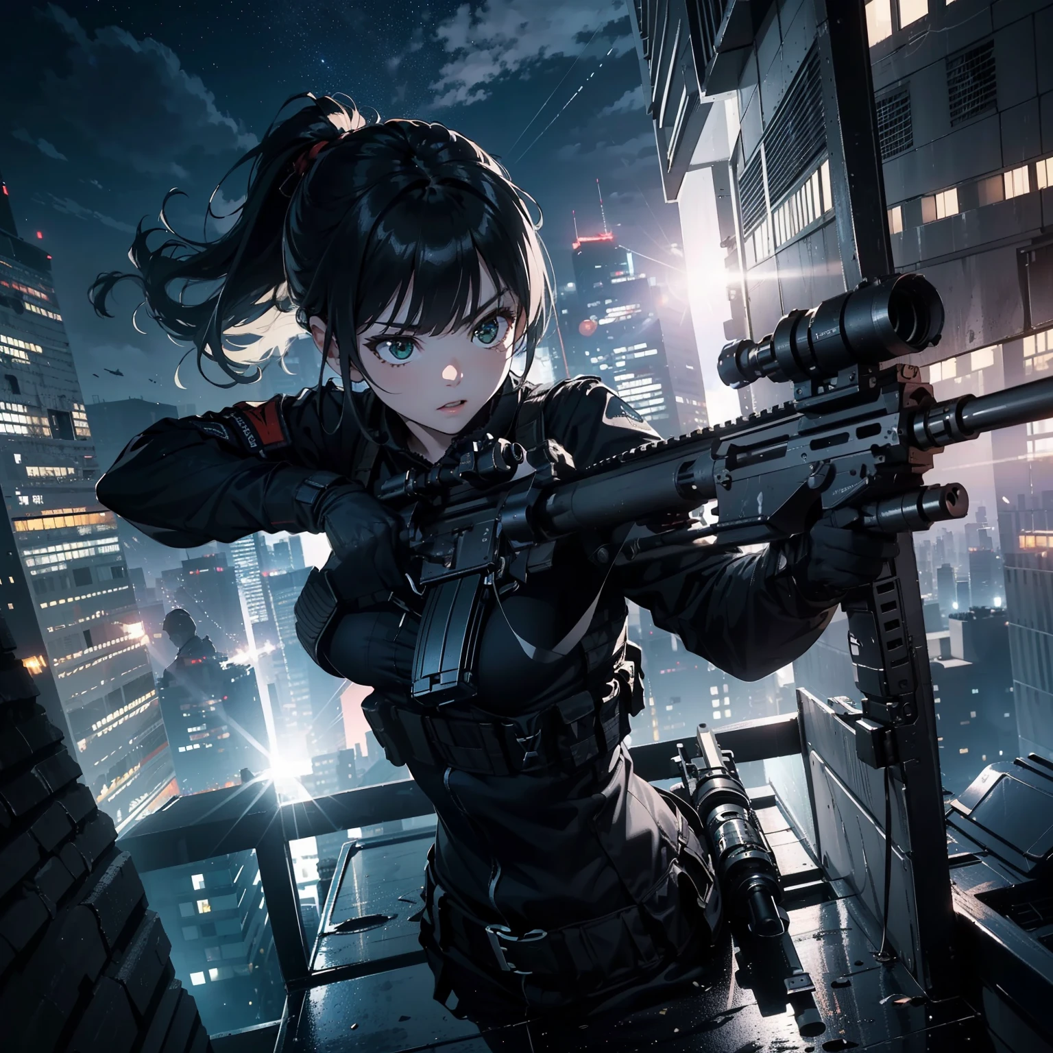 (Trained female soldiers)、((Aim and fire your rifle:1.4、Sniper stance、guns、h&K HK416))、1 Women、Serious look、thick body、(Black combat uniform)、(black-long-hair:1.2)、((超A high resolution))、Detail Write、masterpiece、top-quality、extremely details CG、8K picture quality、Cinematographic lighting、lensflare、(Skyscraper rooftop at night:1.4)、Hyper-detailing、((Dynamic Angle Bust Shots:1.4))、Detailed firearm depiction、Rifle with perfect detail、Perfect barrel that does not distort、Combat helicopter flying in the night sky、Emerald color eyes