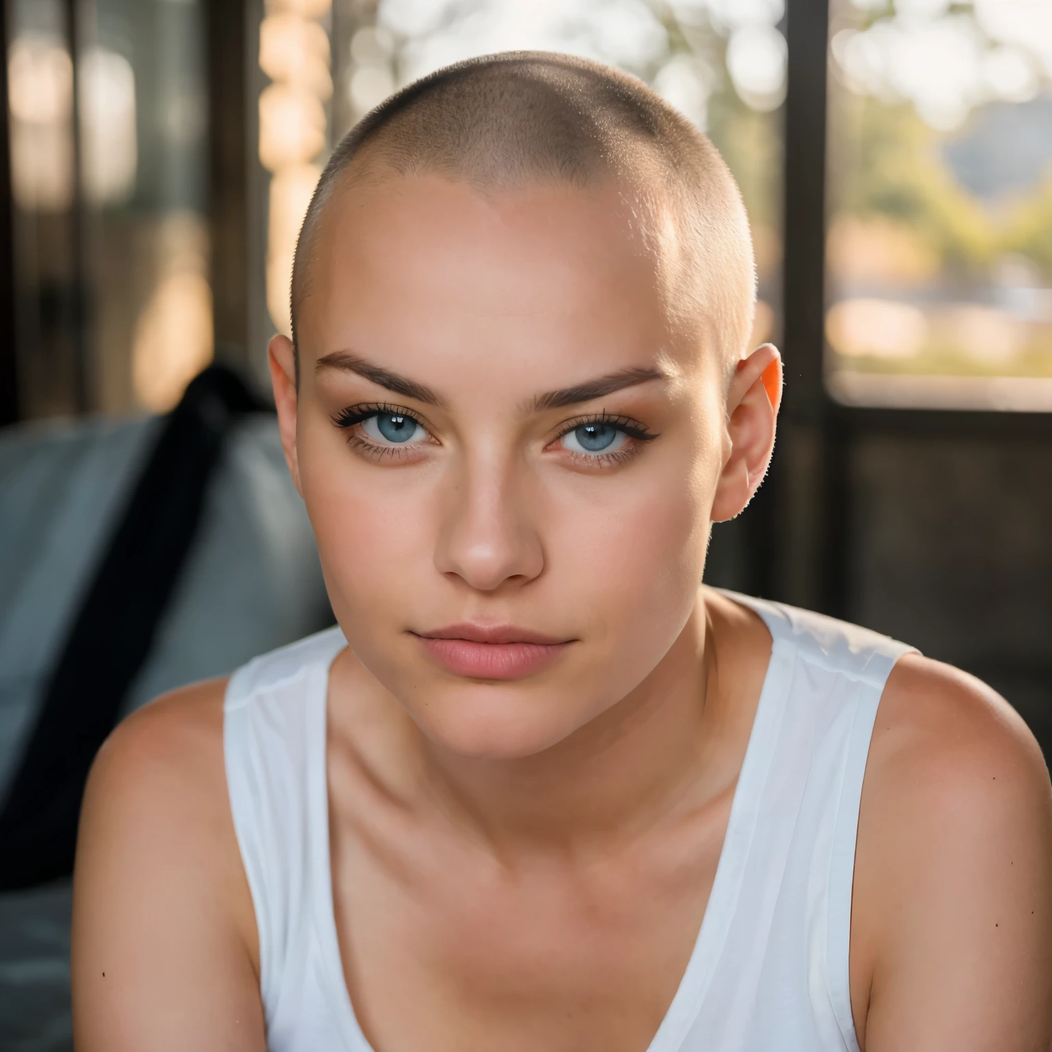 A photorealistic portrait of a 24-year-old girl, striking blue eyes, no hair, bald head, She should have a natural, approachable expression and be illuminated by soft, golden-hour sunlight, no background, Capture this image with a high-resolution photograph using an 85mm lens for a flattering perspective." 