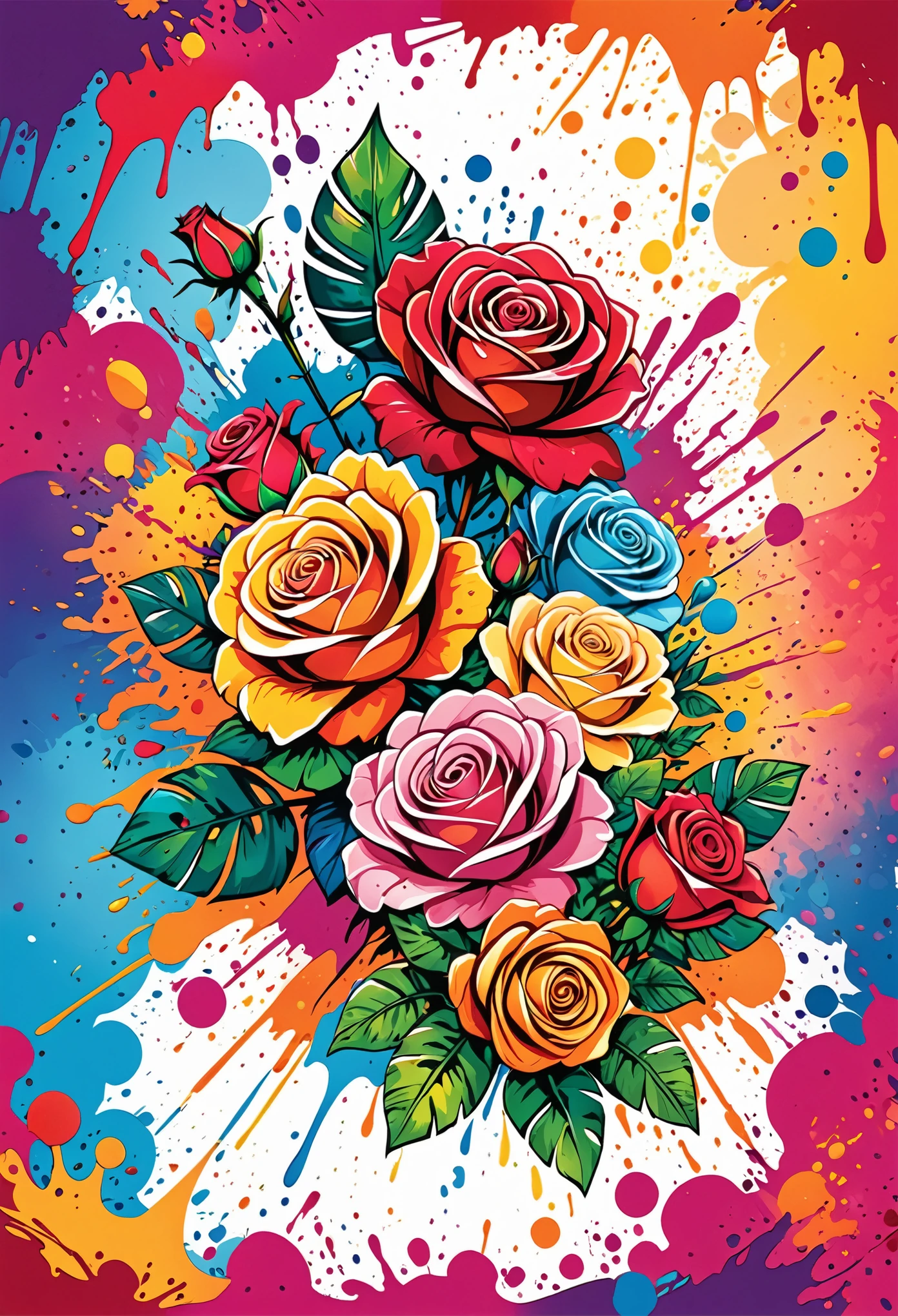 Vector Art, Colorful illustration with lots of roses, In the center, Vibrant colors, Paint splatters and stains, High Detail, Hawaiian style background