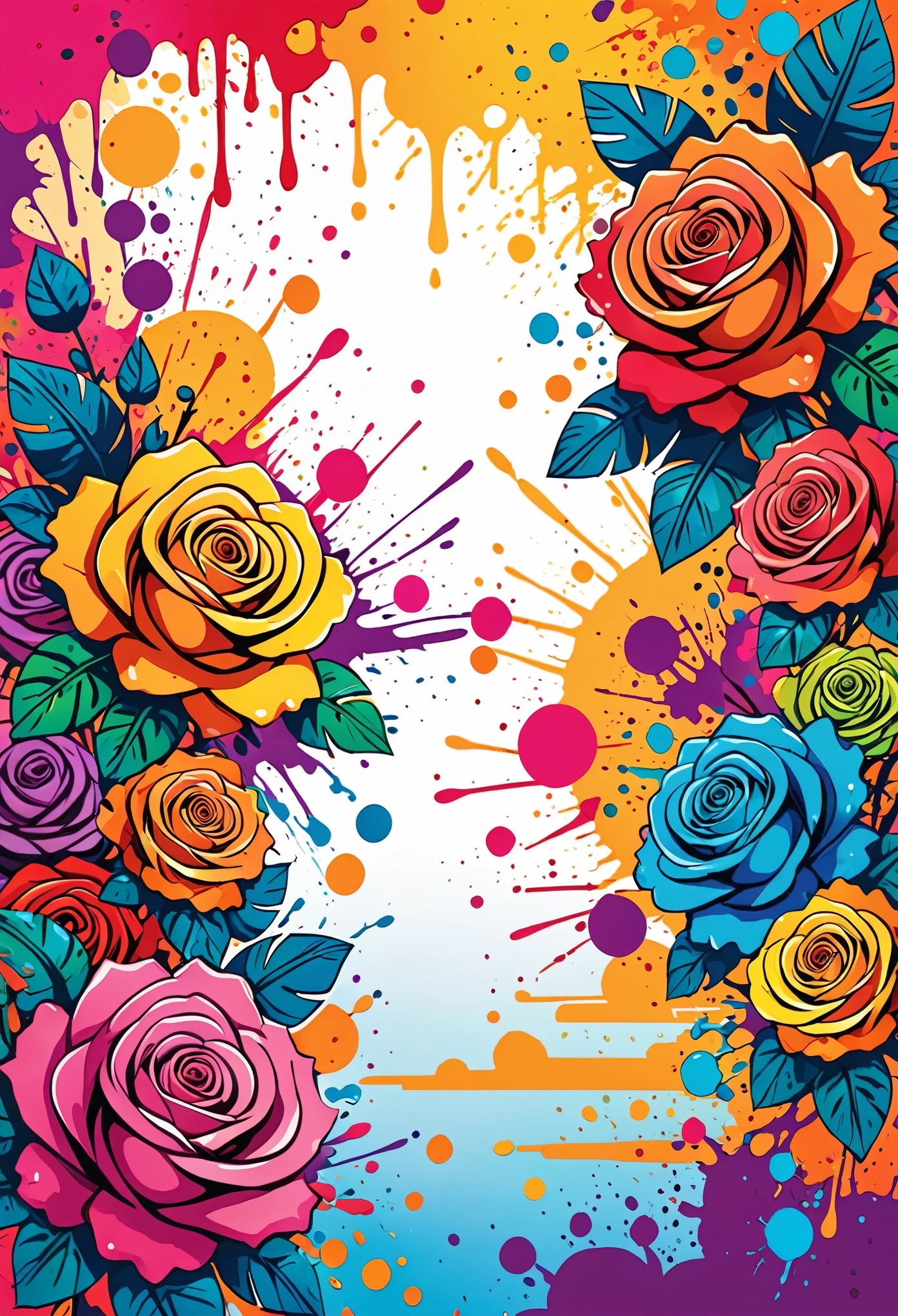Vector Art, Colorful illustration with lots of roses, In the center, Vibrant colors, Paint splatters and stains, High Detail, Hawaiian style background