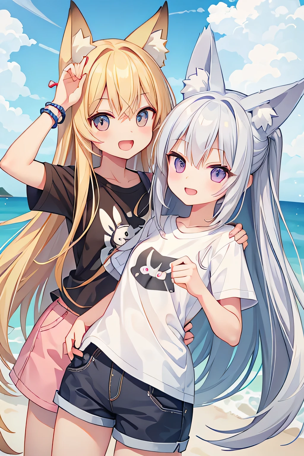 highest quality、Two Girls、Fox ears＆Long blonde、Bunny ears＆Long silver hair、smile、T-Shirts、Shorts