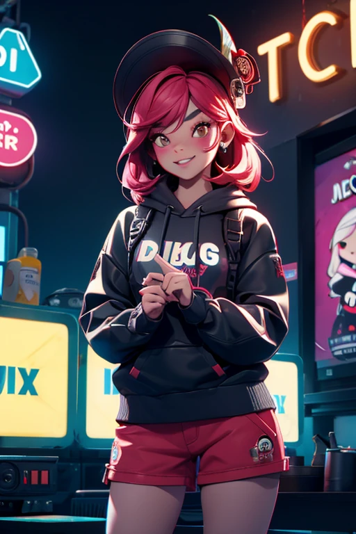 1 chica, hermoso, sonrisa afectada, luciendo un sombrero, pendientes, rojo camo sweatshirt, rojo_shorts cortos, pelo largo, By the chestnut, mask, labios de la nariz, de pie, diafragma, naval, pendientes, (realista:1.5), ciberpunk, neon city, neon lights, 3D, cgi, volumetric lighting