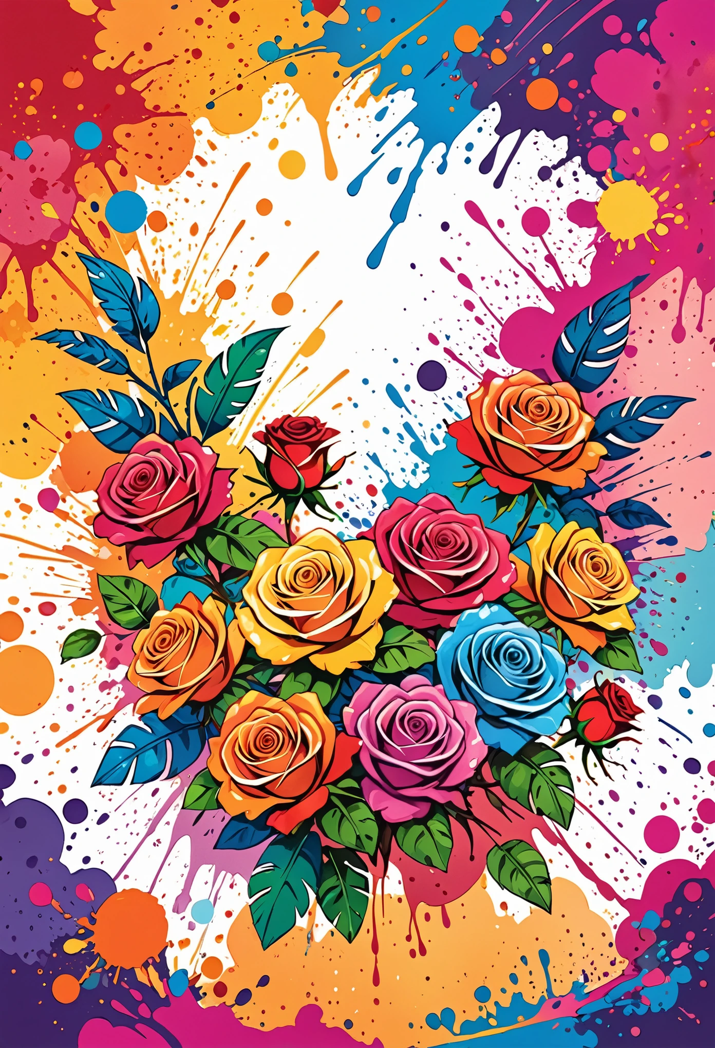 Vector Art, Colorful illustration with lots of roses, In the center, Vibrant colors, Paint splatters and stains, High Detail, Hawaiian style background