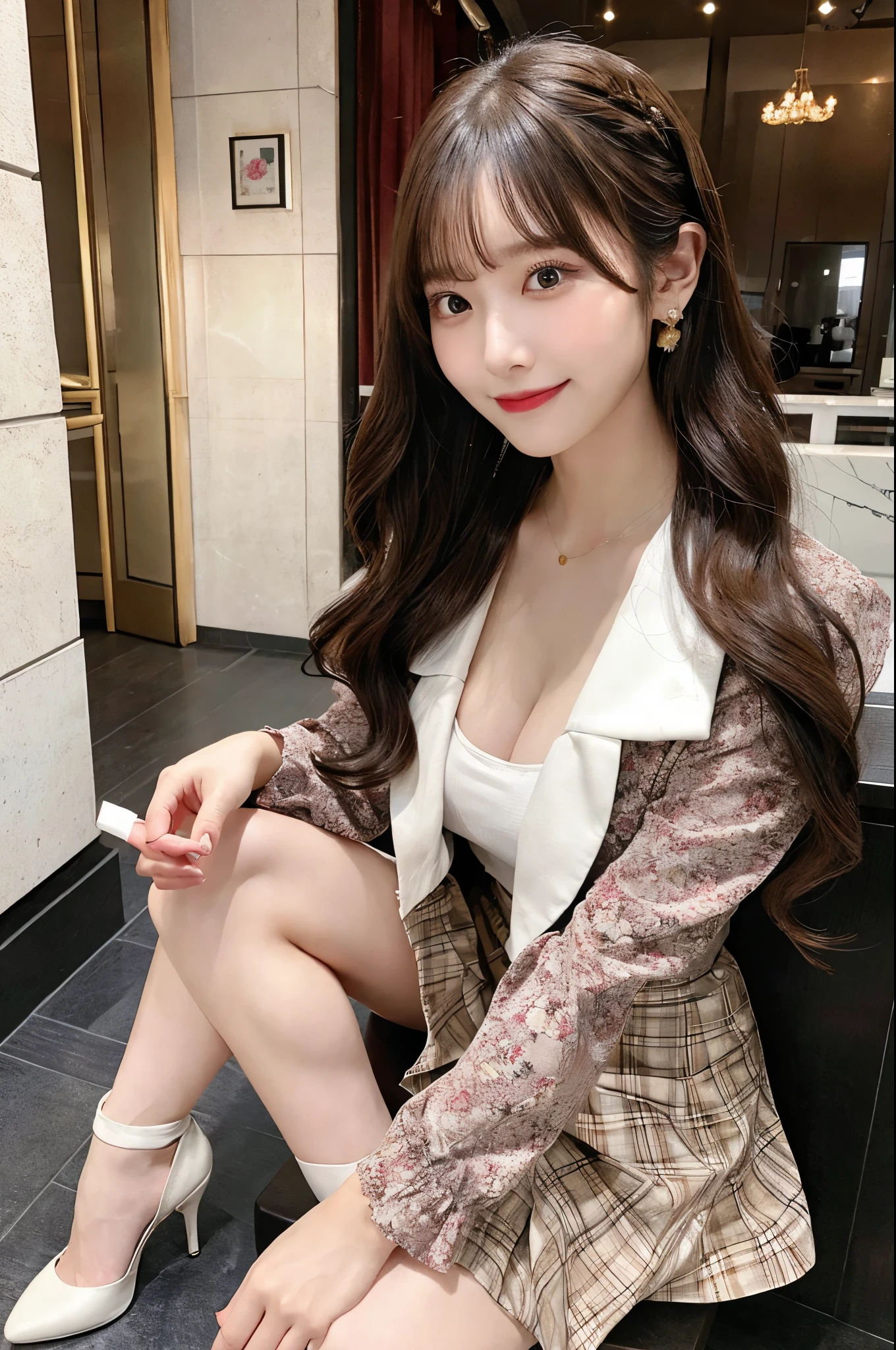 Hair tied up、Woman reading、Intelligent beauty、Wavy Hair、Brown hair tied with ribbon、Jacket、Cut and sew、Floral Skirt、Cleavage(Very large breasts、Very thin and long legs、Perfect figure、High heels、whole body、smile)、1 female、No makeup、22 years old、(masterpiece、8K,RAW Photos、High resolution:1.4)