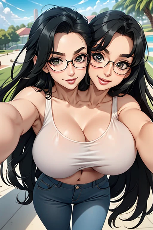 2heads, a tall thin woman with 2 heads. She has big breasts. She is outside at the park. She is wearing a band T-shirt. She is wearing jeans. She is wearing thick glasses. She has long black curly hair. She looks mature. She has big perky breasts. She is extremely tall. She is very thin. She looks seductive. She looks flirty. She looks happy, smiling wide. Blushing. She has small breasts. She has a lot of freckles. She has 2 heads. She is very skinny. Her breasts are small and perky. She is wearing eyeliner. Selfie POV, taking a selfie. Holding phone, taking selfie.