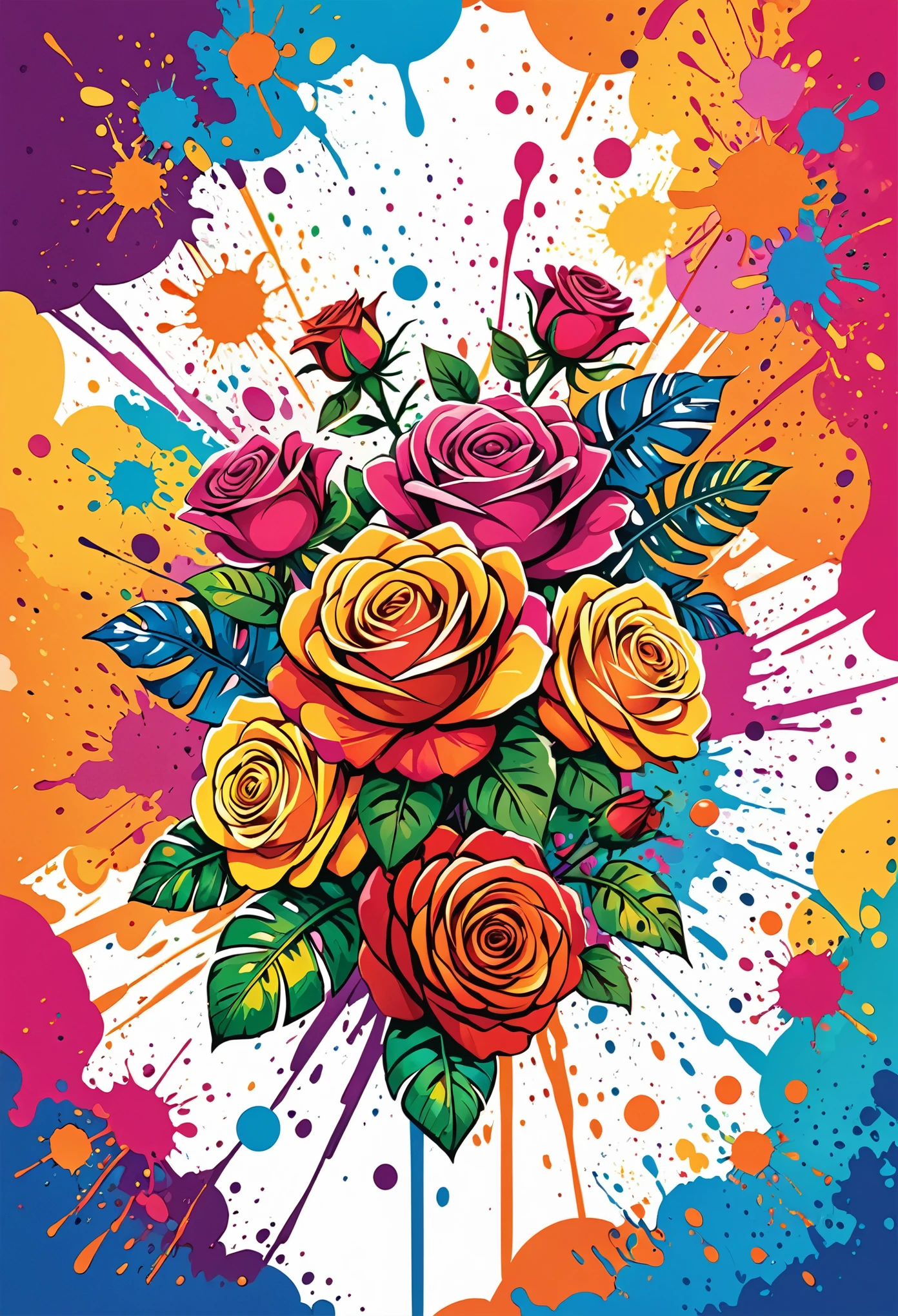 Vector Art, Colorful illustration with lots of roses, In the center, Vibrant colors, Paint splatters and stains, High Detail, Hawaiian style background
